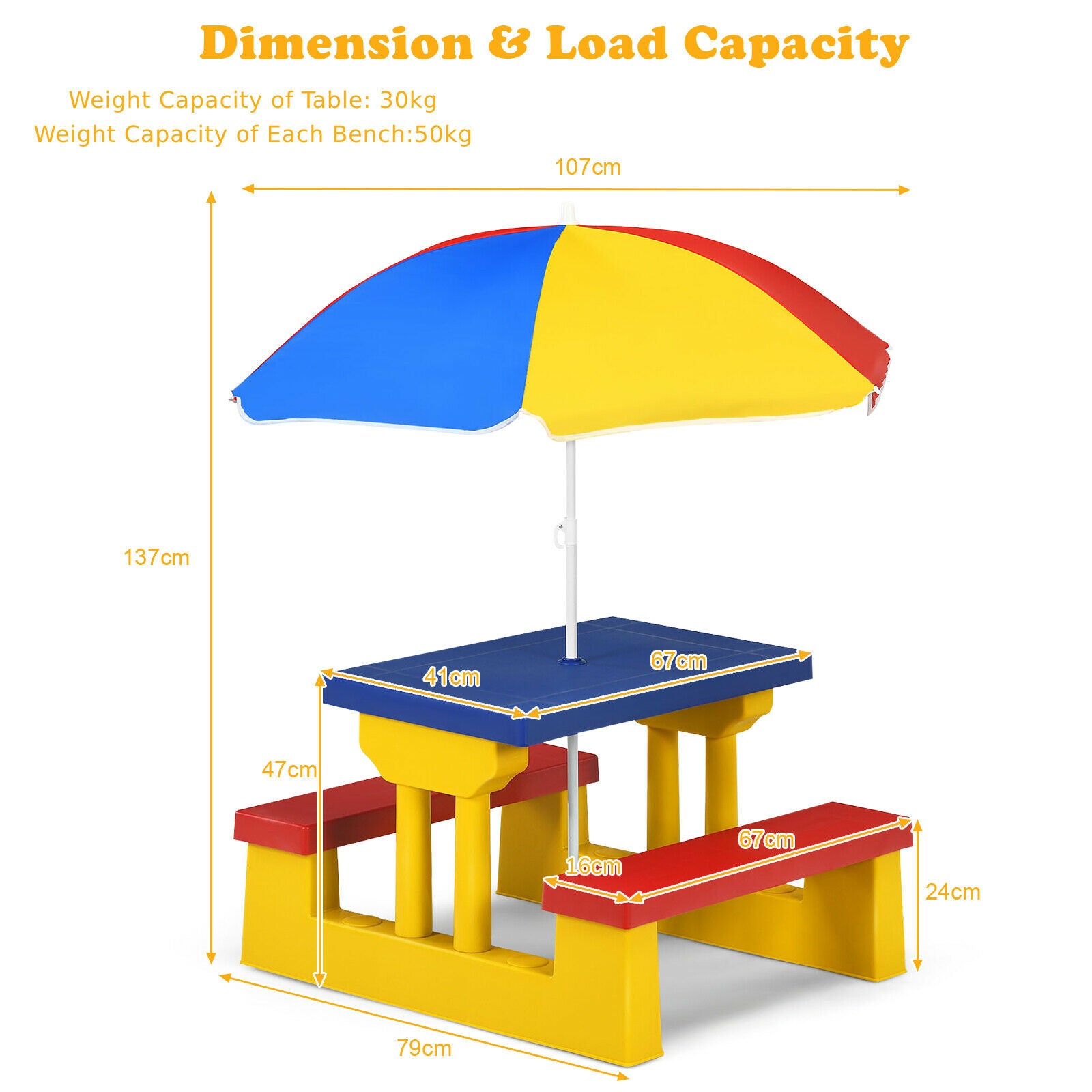 Kids Picnic Table Set with Removable Umbrella-Color