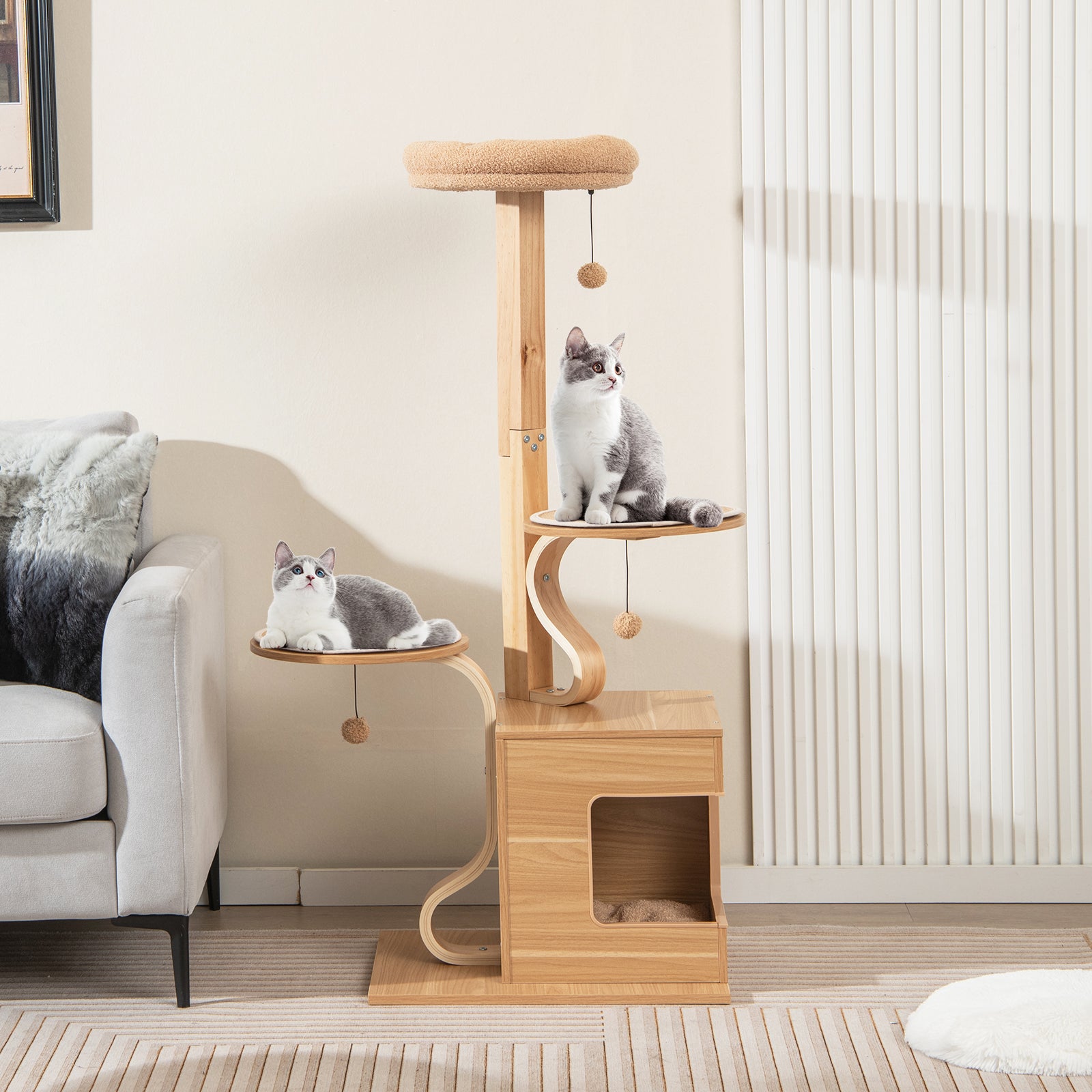 51 inches Wooden Cat Tree with Solid Wood Post and Curved Plywood Frame-Natural