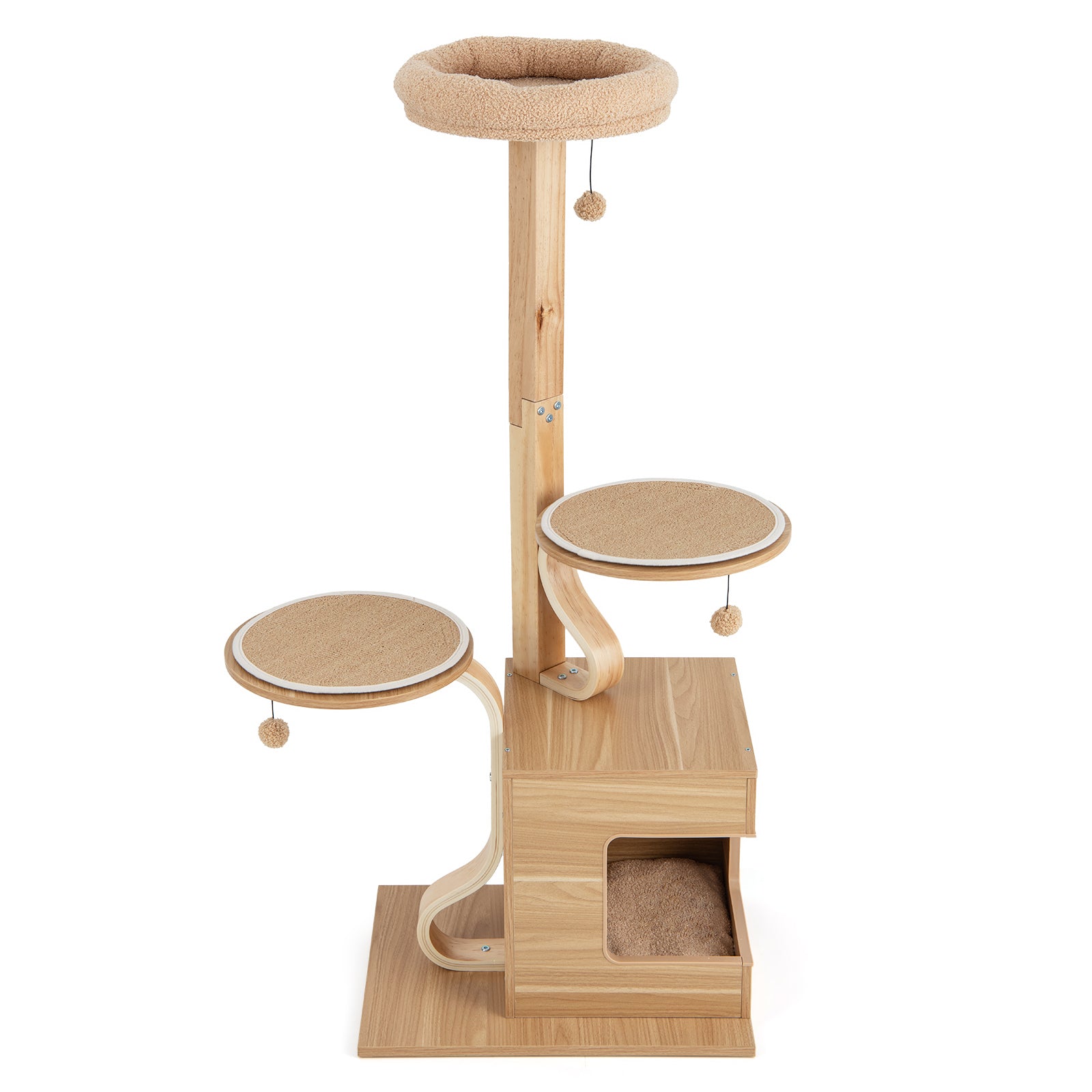 51 inches Wooden Cat Tree with Solid Wood Post and Curved Plywood Frame-Natural