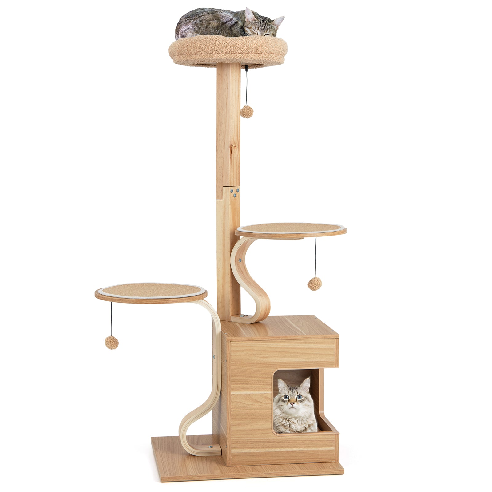 51 inches Wooden Cat Tree with Solid Wood Post and Curved Plywood Frame-Natural