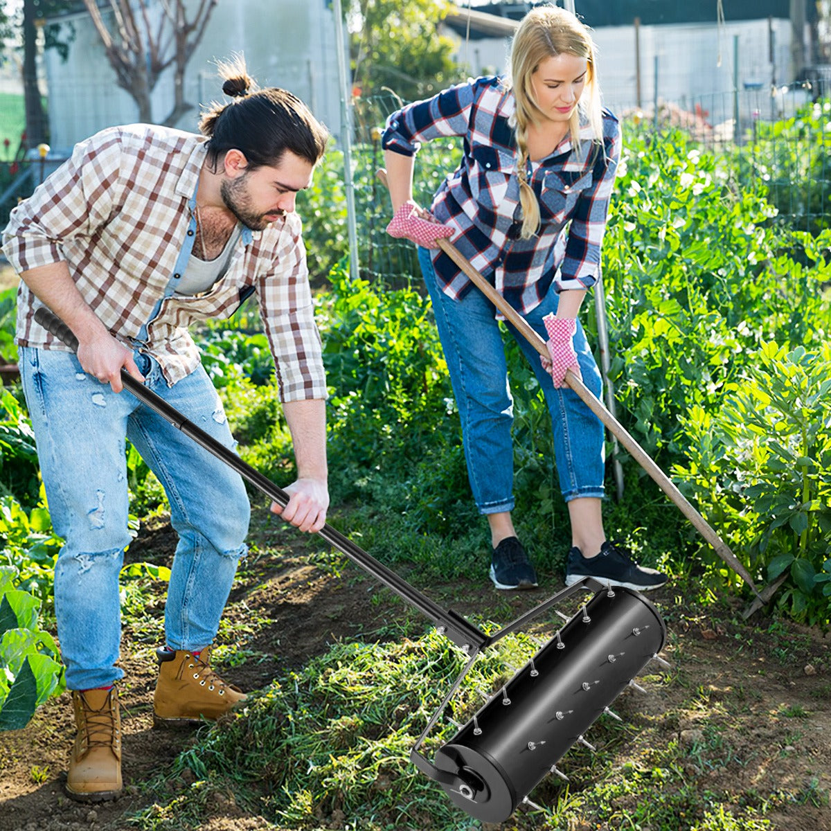 53cm Manual Lawn Aerator with 130cm Detachable Handle and Tine Spikes for Soil Loosening-Black
