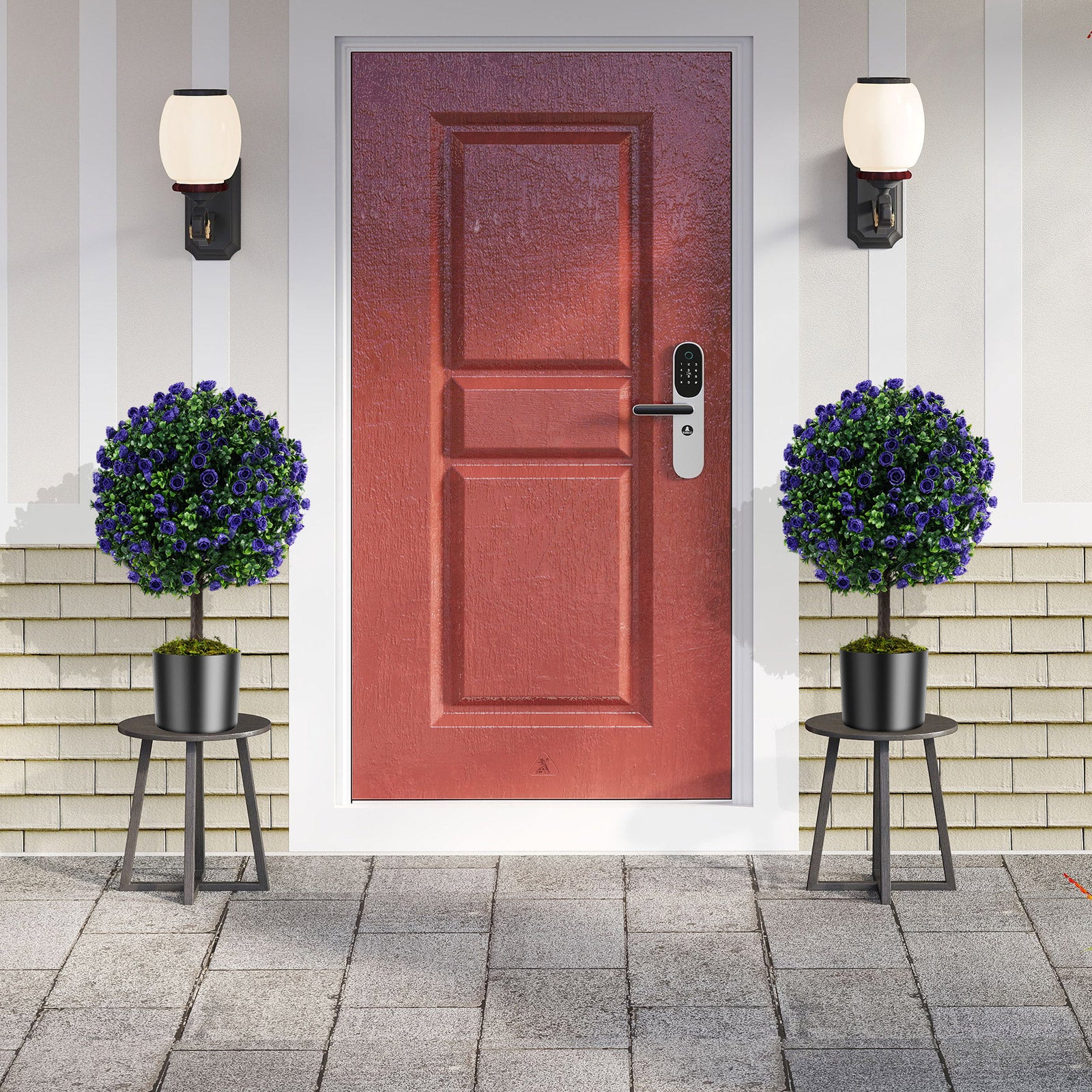 Set of 2 Artificial Purple Rose Topiary Ball Trees 55cm Faux Boxwood Ball Tree-Purple