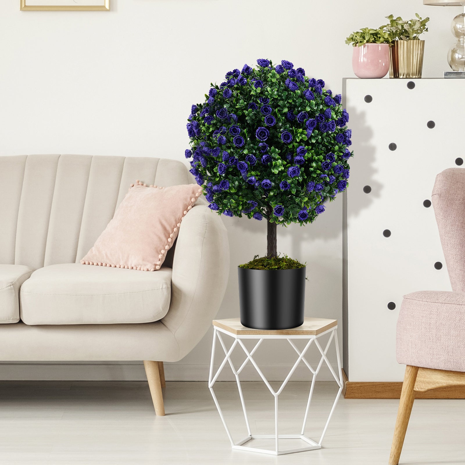 Set of 2 Artificial Purple Rose Topiary Ball Trees 55cm Faux Boxwood Ball Tree-Purple