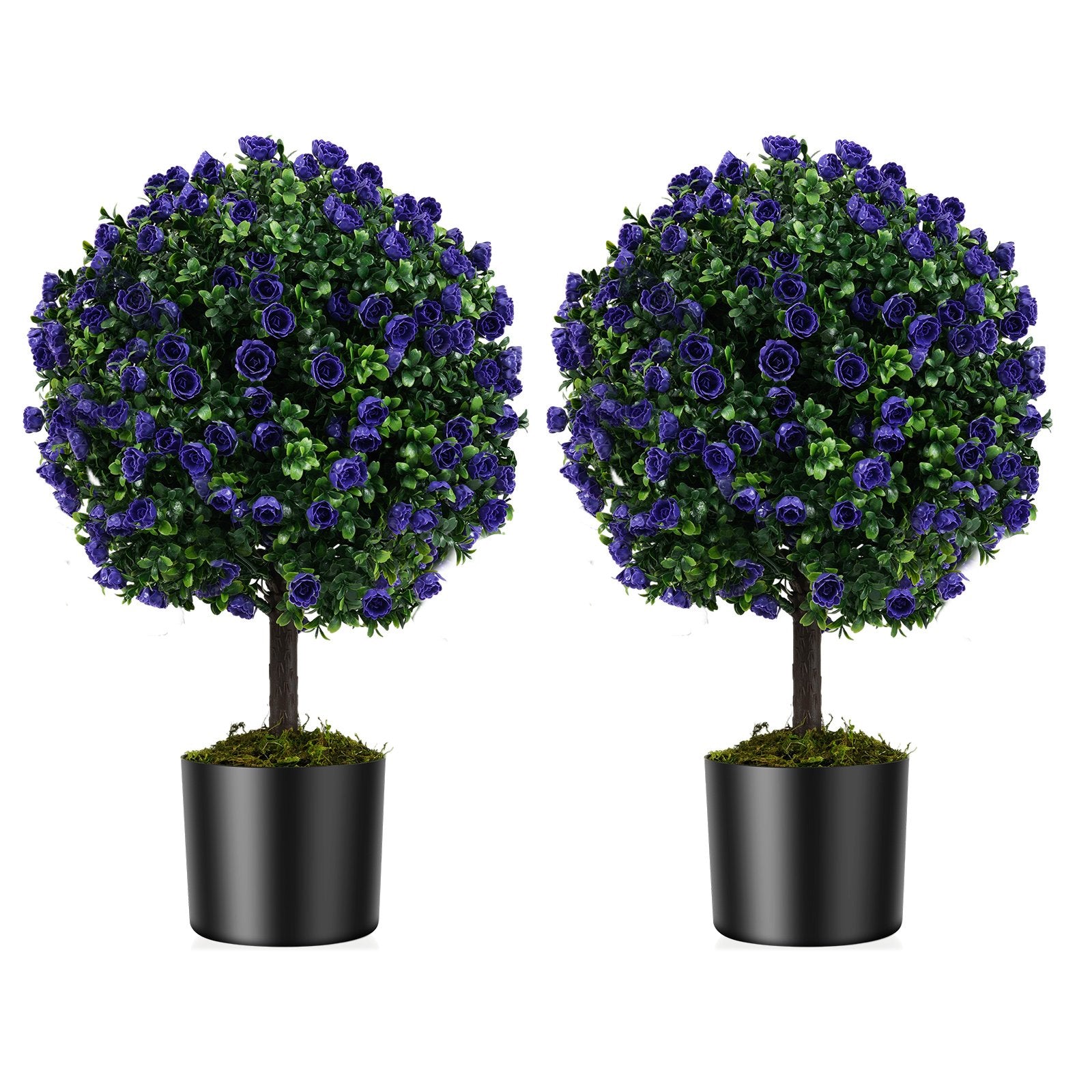 Set of 2 Artificial Purple Rose Topiary Ball Trees 55cm Faux Boxwood Ball Tree-Purple