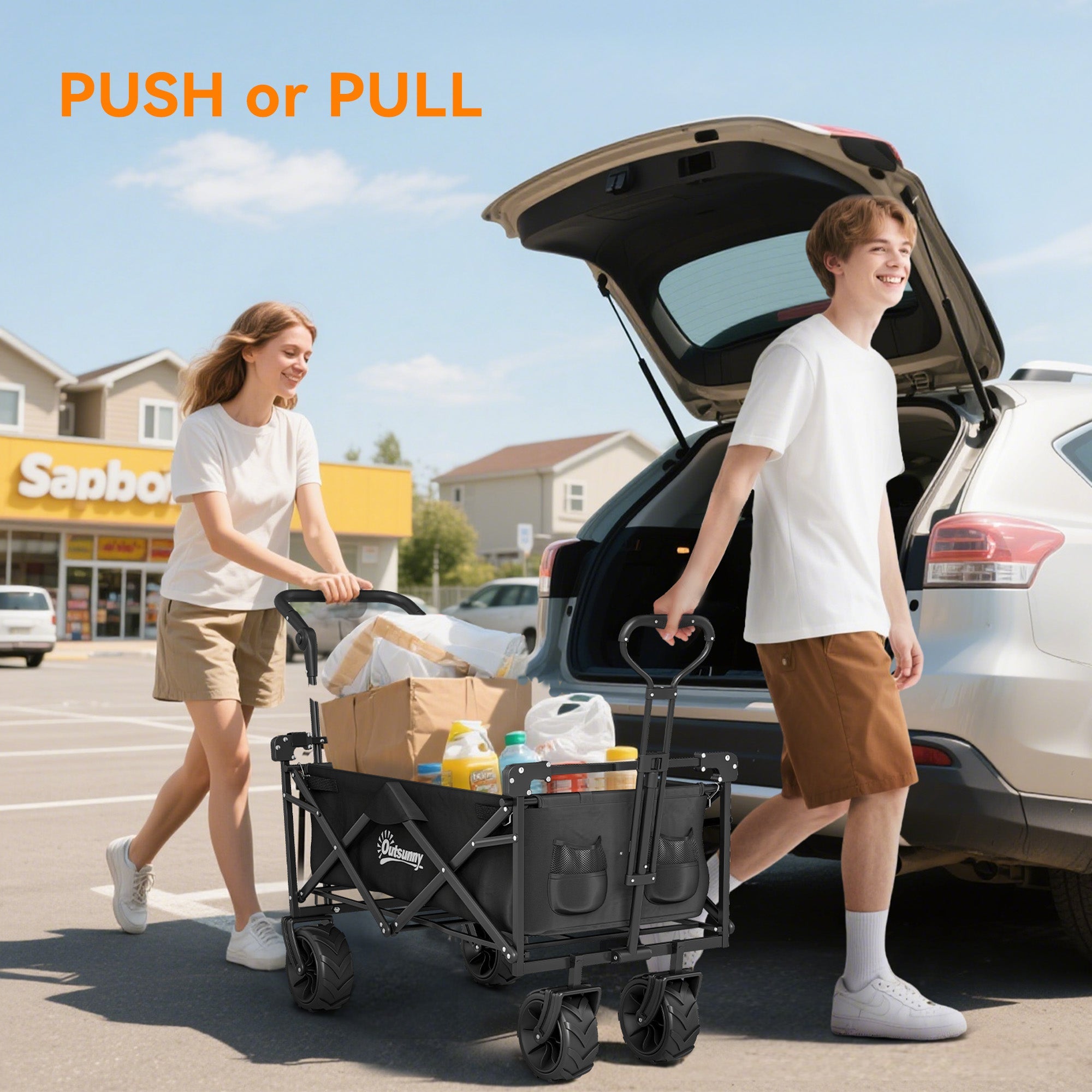 Outsunny Folding Trolley Cart Storage Wagon Beach Trailer 4 Wheels with Handle Overhead Canopy Cart Push Pull for Camping, Black