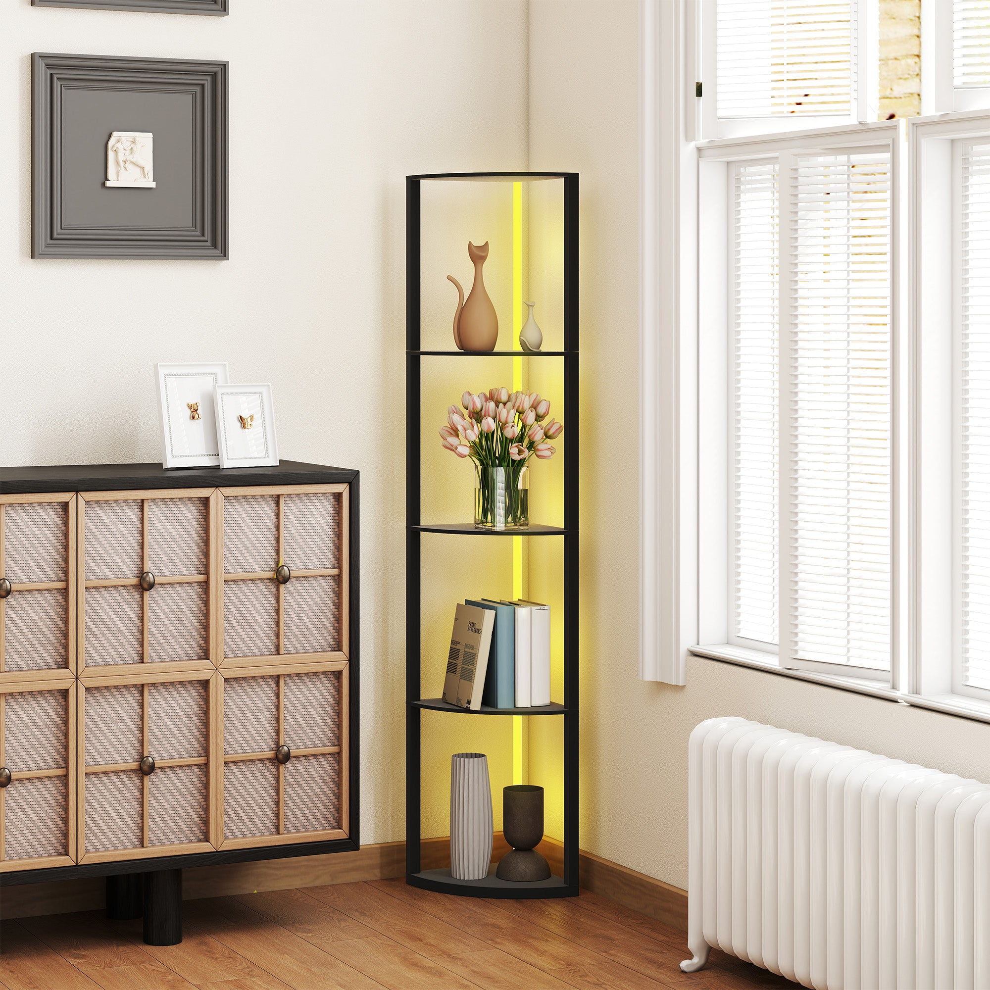 HOMCOM RGB LED Floor Lamp with Shelves, 5-Tier Dimmable Standing Lamp with Adjustable Brightness and Remote Control, Modern Corner Display Shelf Unit for Living Room Bedroom Office, Black