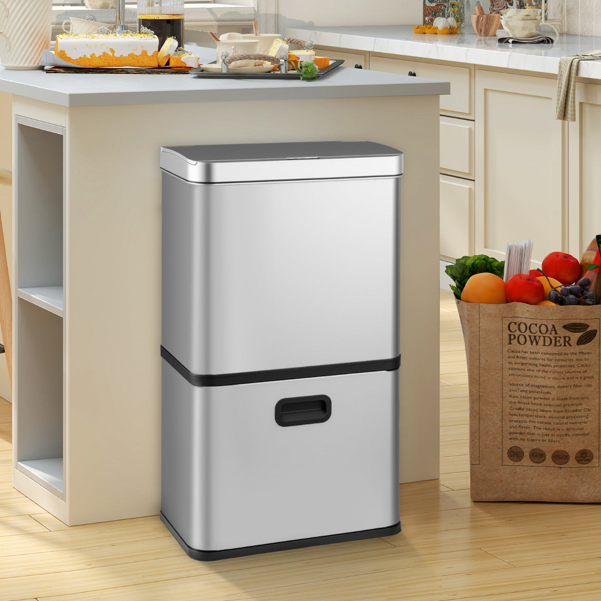 56L Stainless Steel Trash Can Touchless Recycling Garbage Bin-Silver