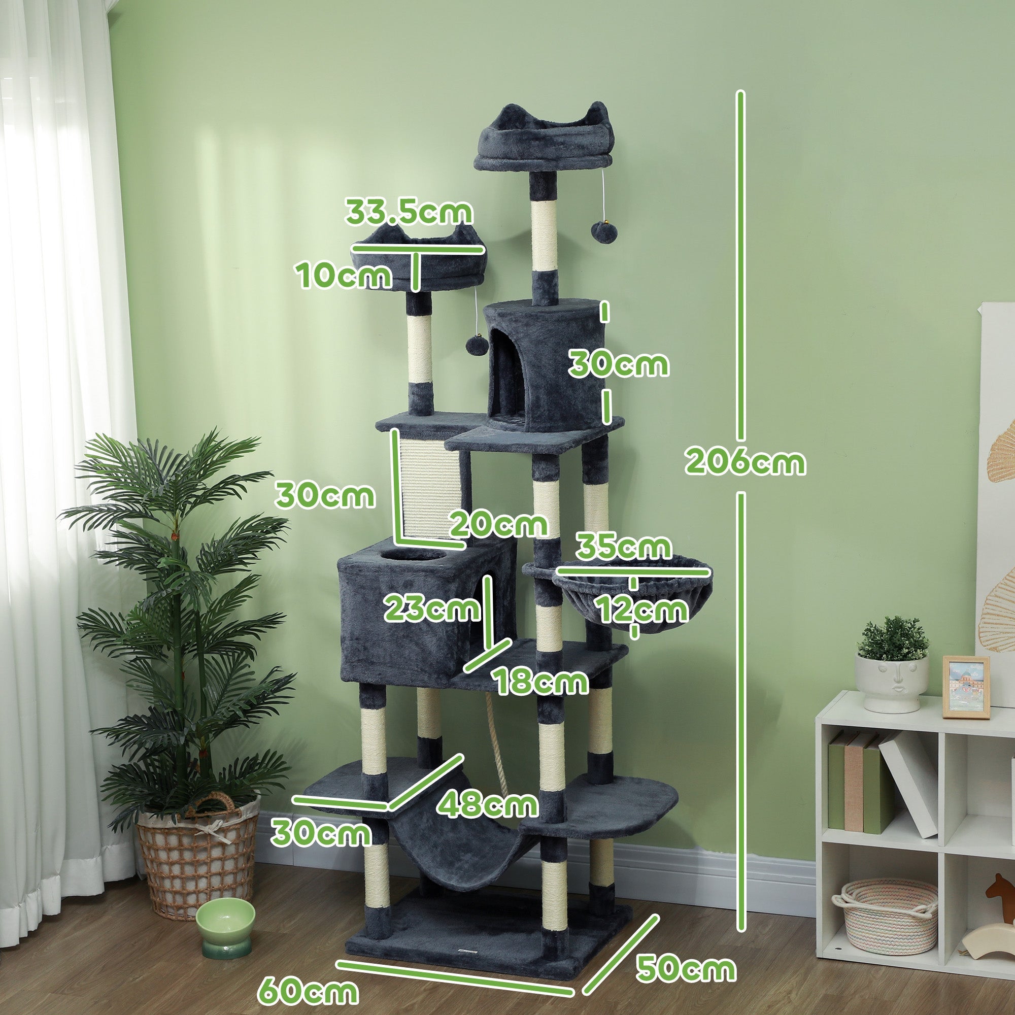 PawHut 206cm Cat Tree, Multi-Level Cat Tower with Scratching Posts and Board, Beds, Condos, Platforms, Toy Balls, Dark Grey