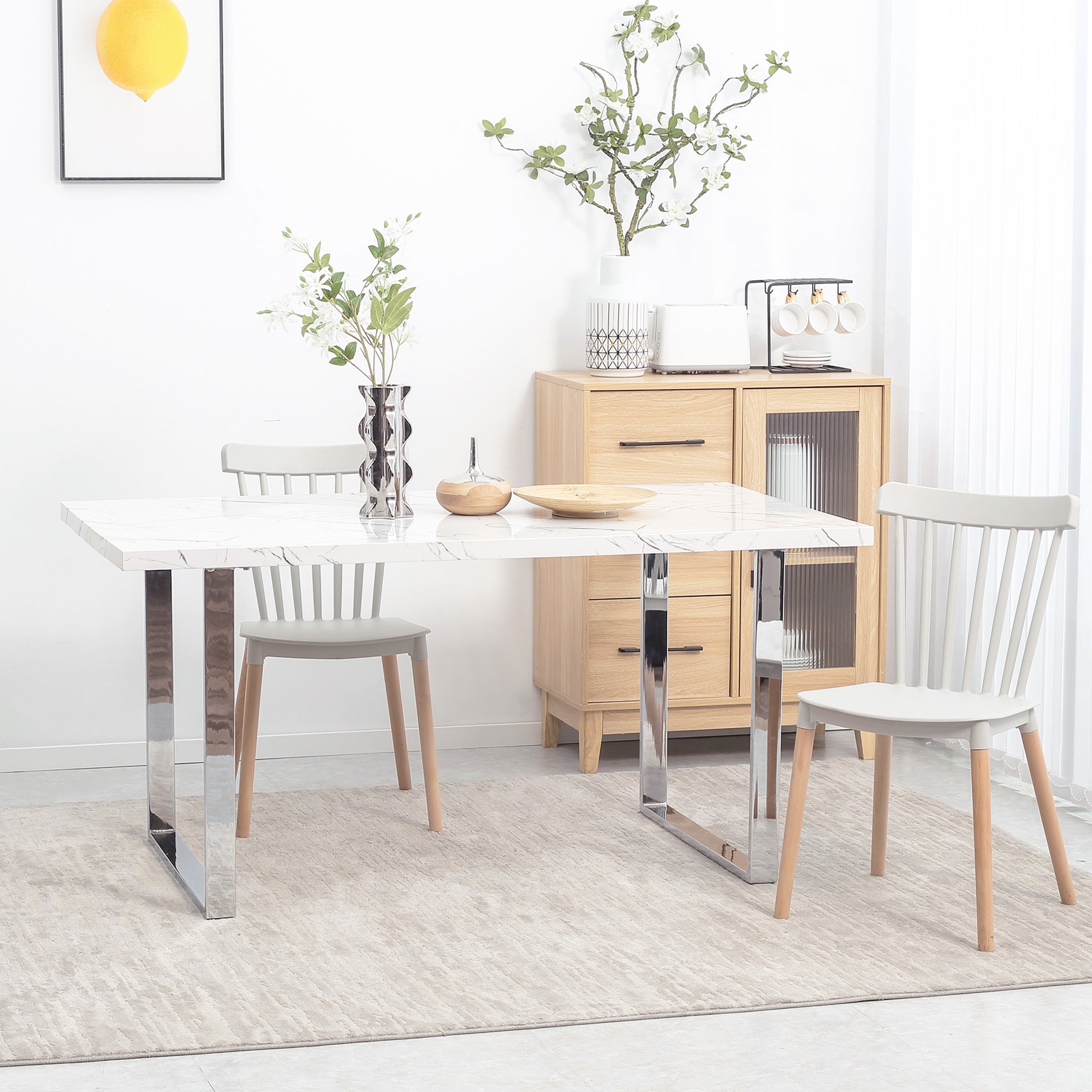 HOMCOM Modern Dining Room Table Rectangular Kitchen Table for 6-8 People with Marble Effect Tabletop Steel Legs 160 cm White