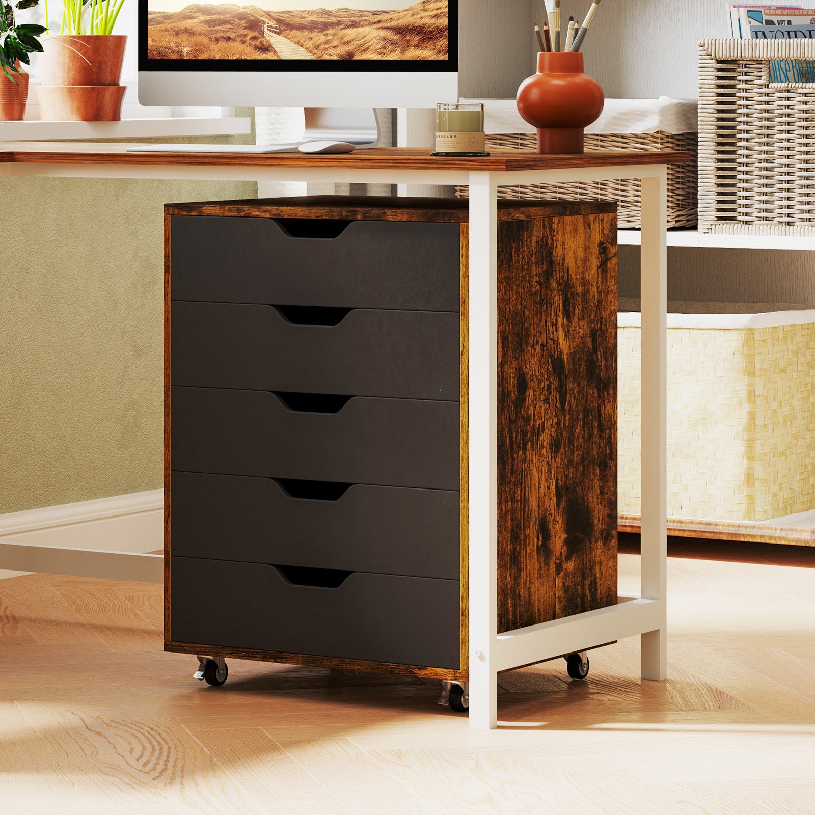 5 Drawer Chest with Lockable Wheels for Home Office-Rustic Brown