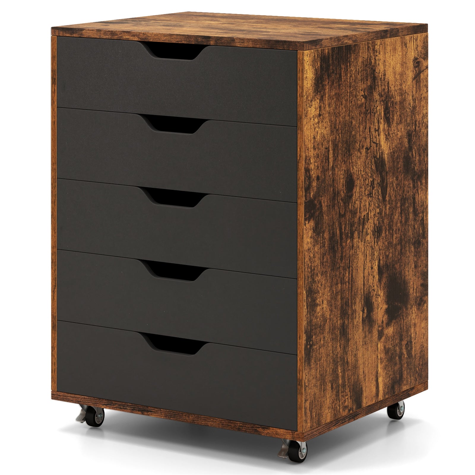 5 Drawer Chest with Lockable Wheels for Home Office-Rustic Brown