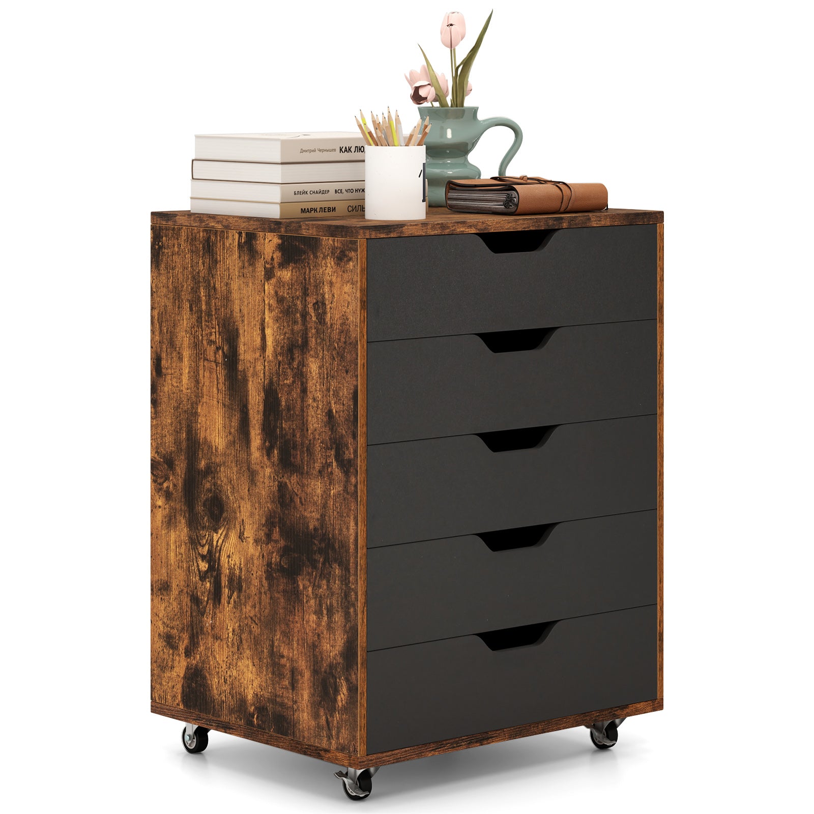 5 Drawer Chest with Lockable Wheels for Home Office-Rustic Brown