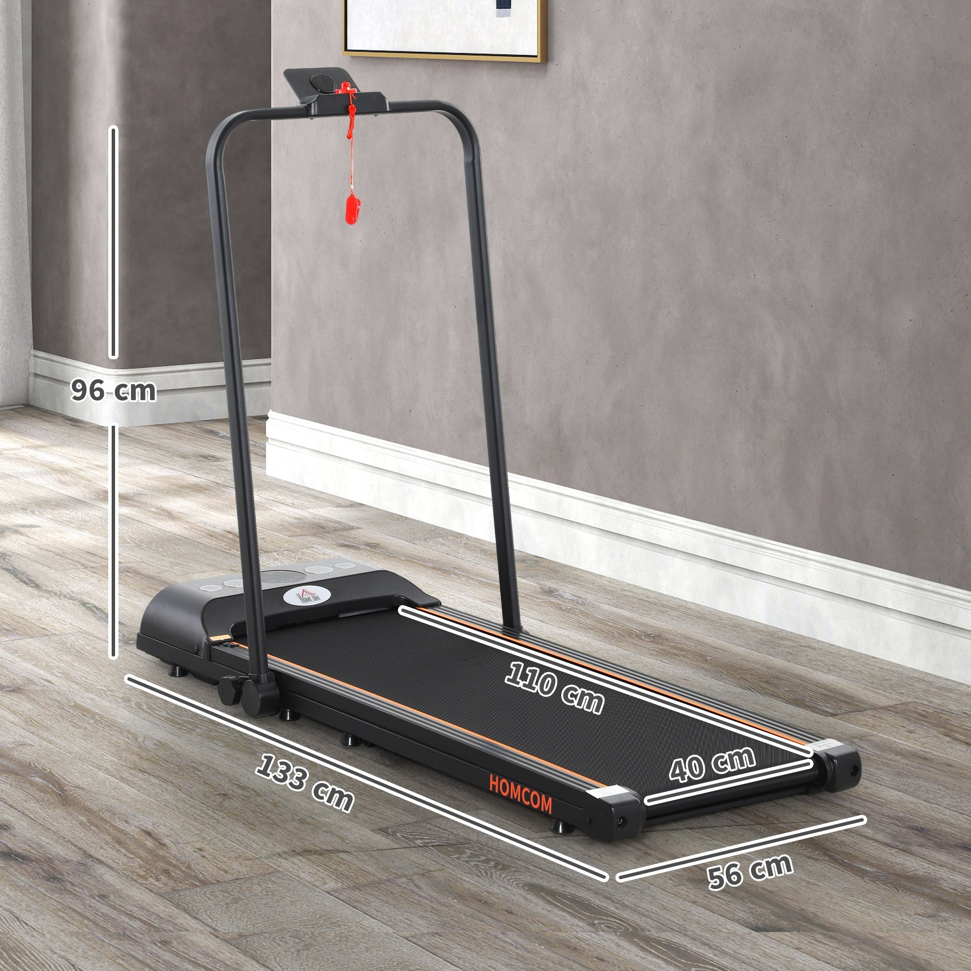 HOMCOM Foldable Walking Treadmill, with LED Display and Wheels, for Home, Office, Fitness Studio, Orange