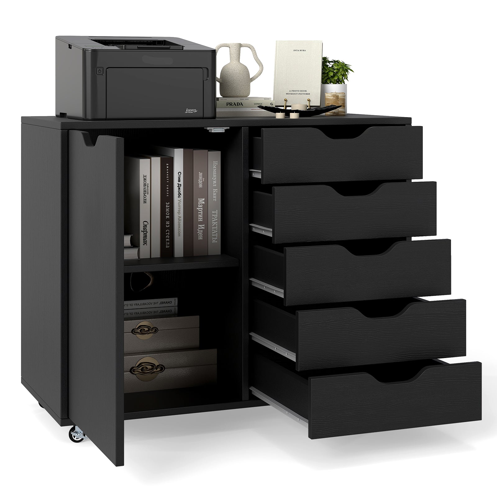 5-Drawer Chest with Door and Adjustable Shelf-Black
