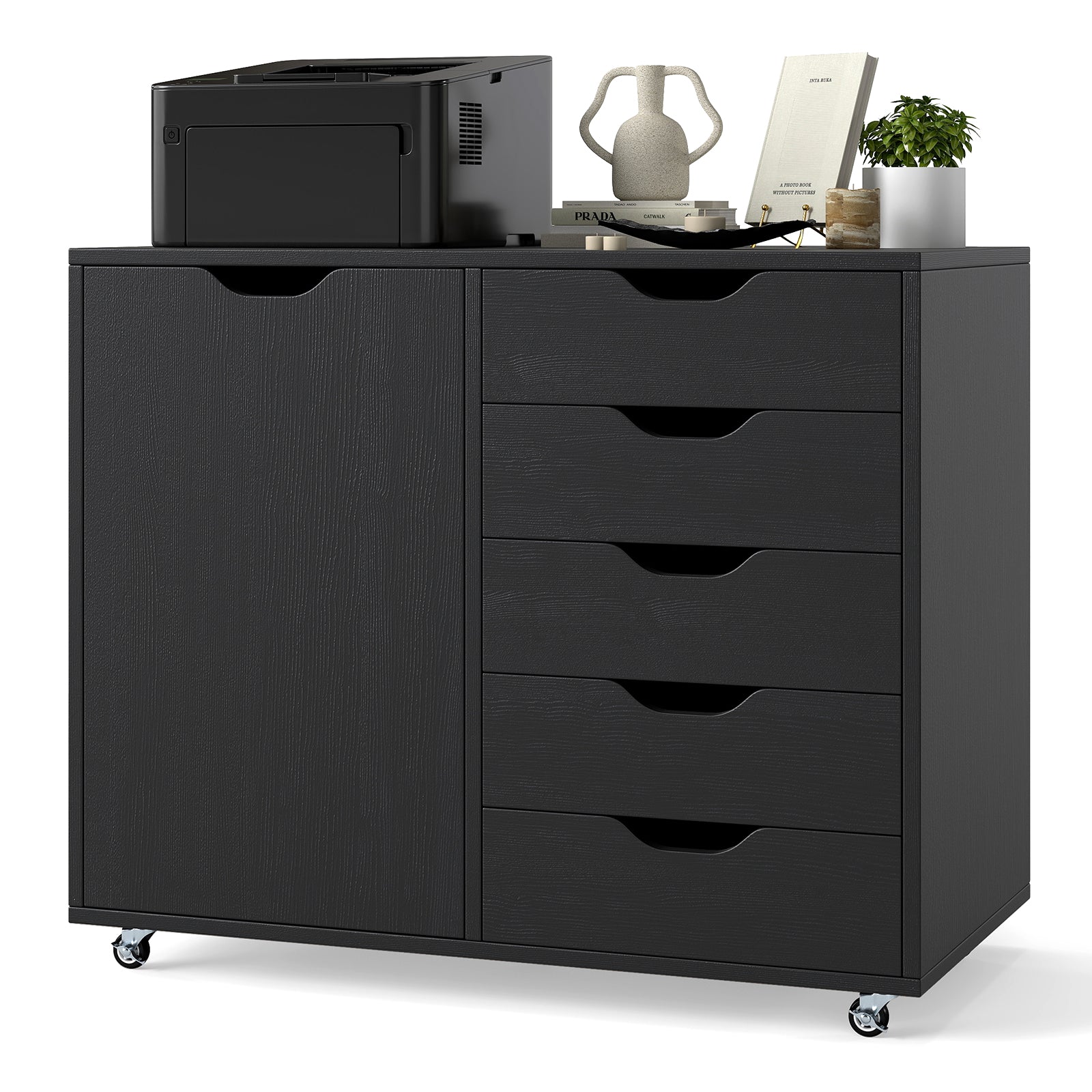 5-Drawer Chest with Door and Adjustable Shelf-Black