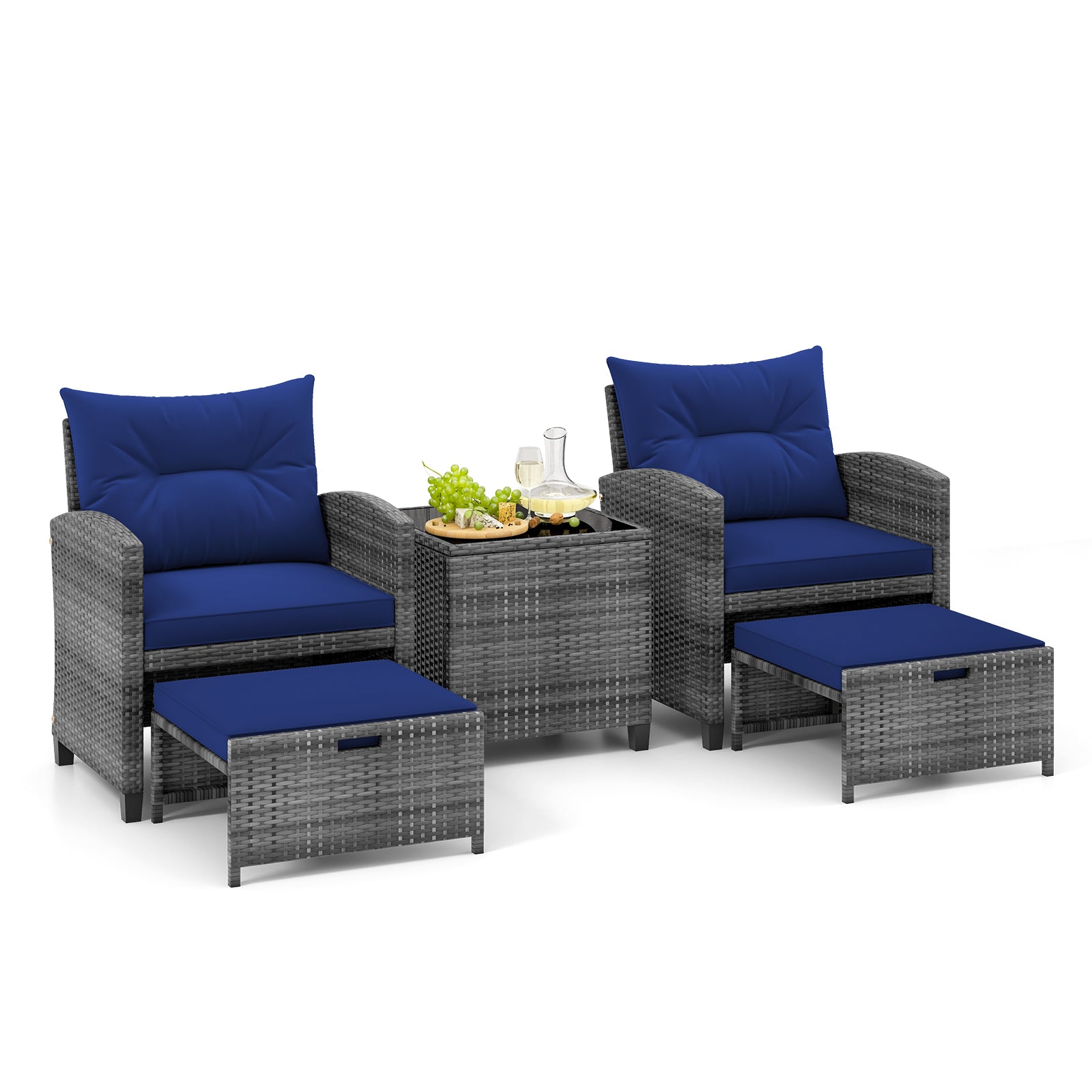 5 Piece Wicker Patio Furniture Set with 2 Cushioned Chairs and 2 Ottomans-Navy