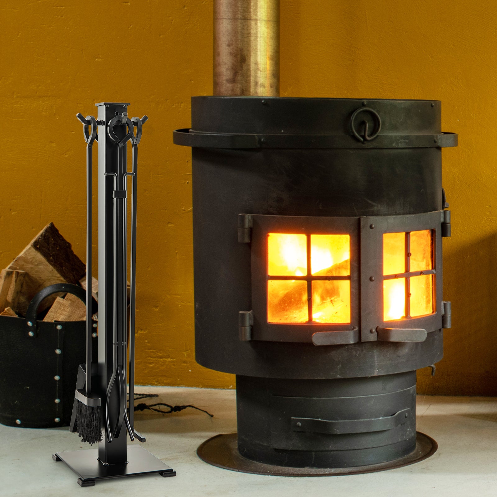5 Pieces Fireplace Tools Set with Poker and Base Stand Holder