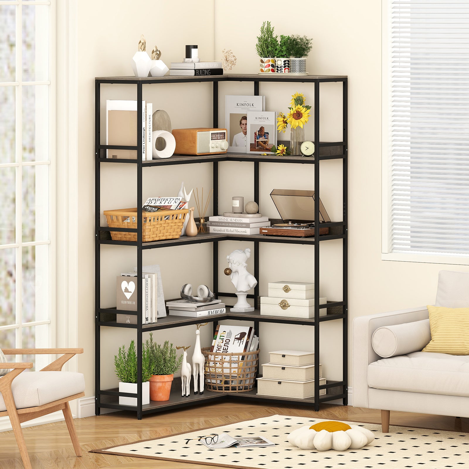 5-Tier Corner Bookshelf with Metal Frame for Living Room-Oak