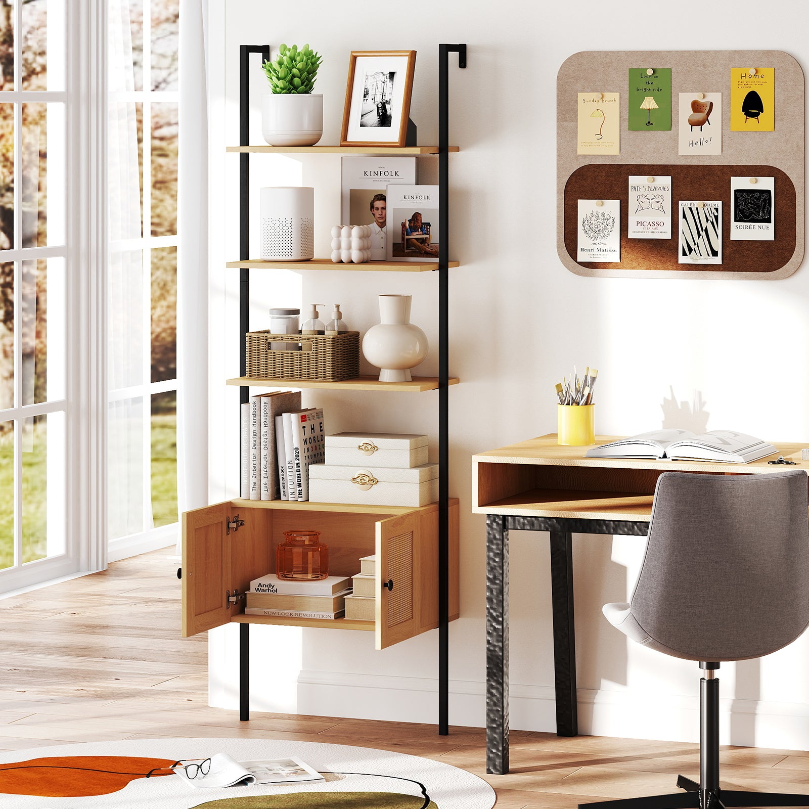 5-Tier Wall-Mounted Ladder Bookcase with Rattan Cabinet and Metal Frame-Natural