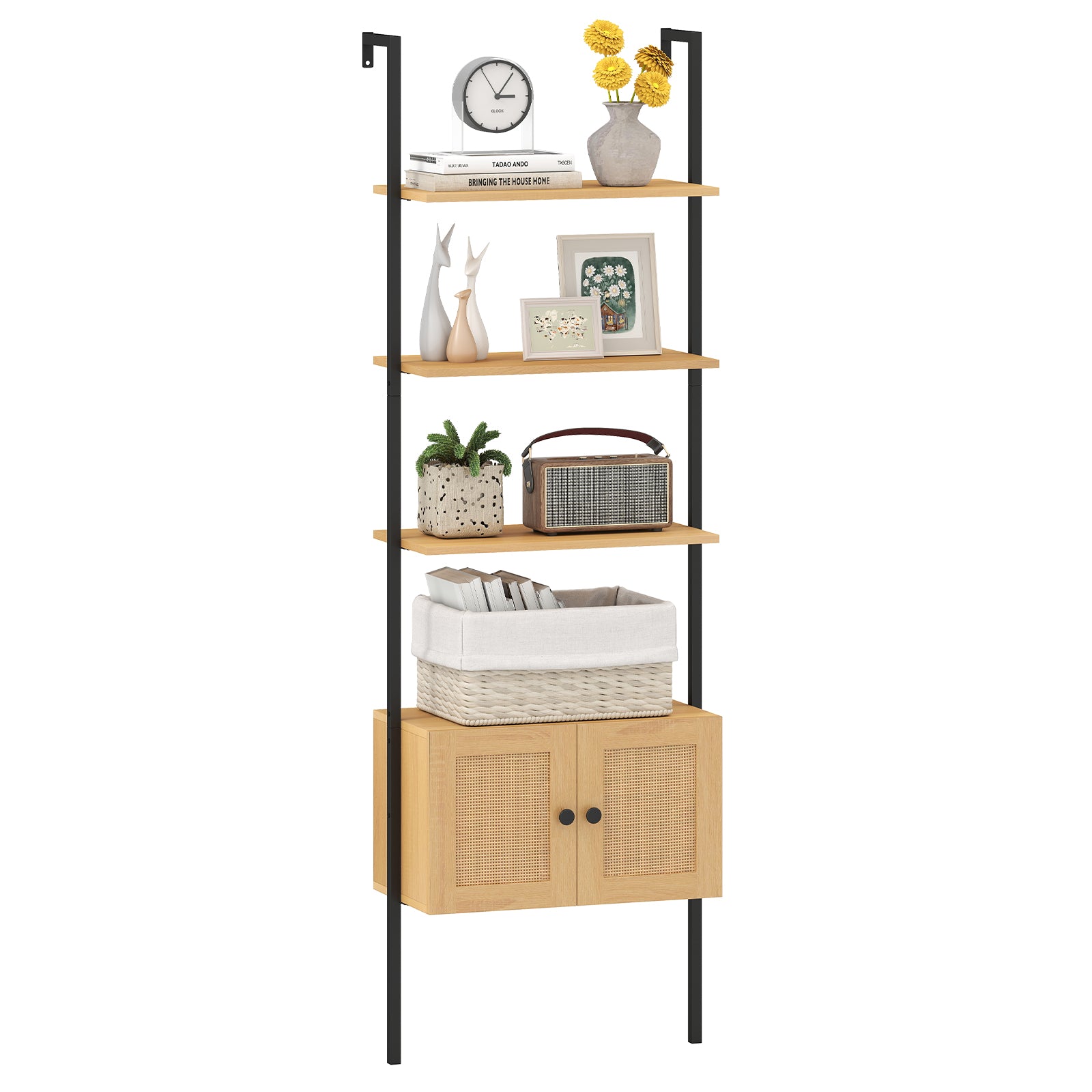 5-Tier Wall-Mounted Ladder Bookcase with Rattan Cabinet and Metal Frame-Natural