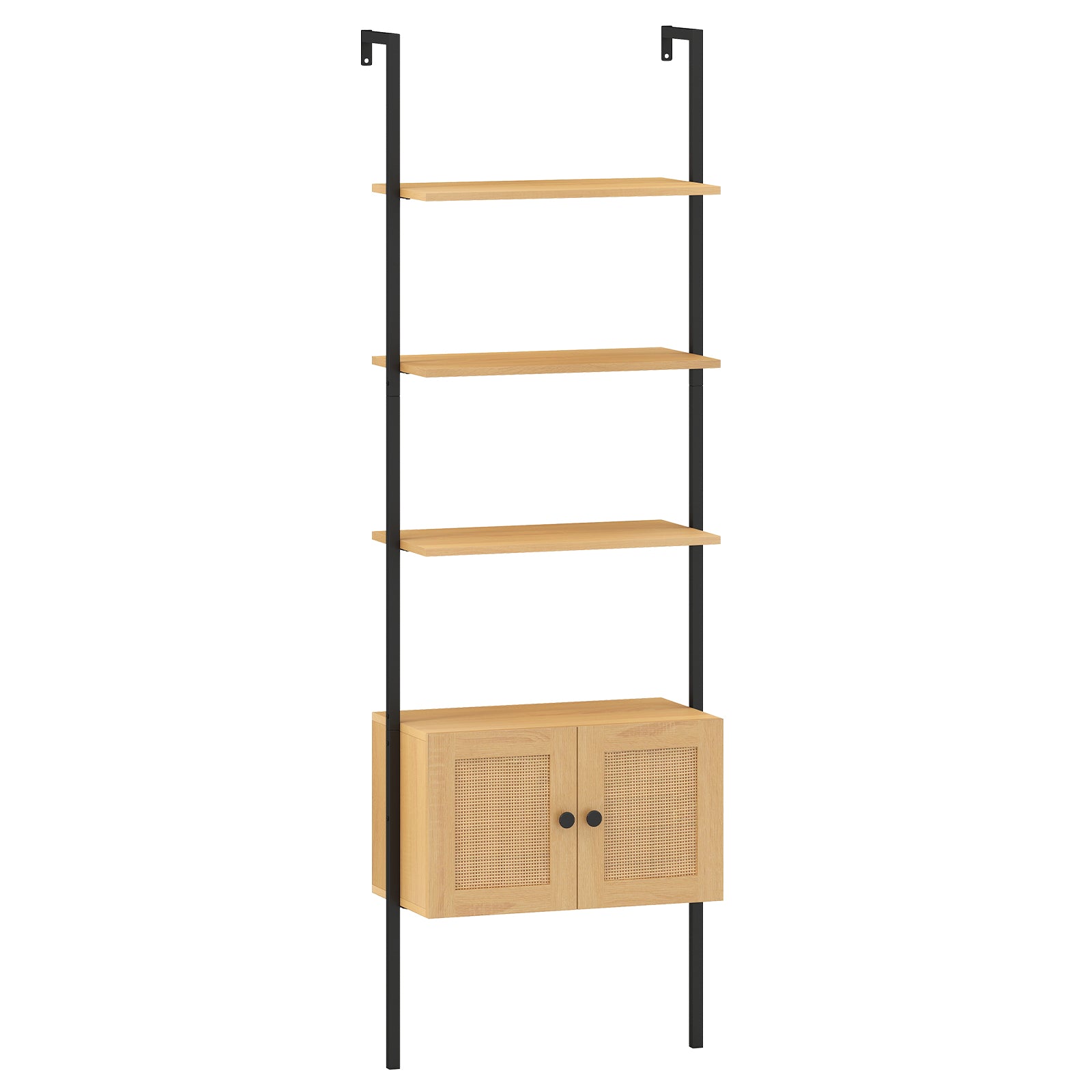 5-Tier Wall-Mounted Ladder Bookcase with Rattan Cabinet and Metal Frame-Natural