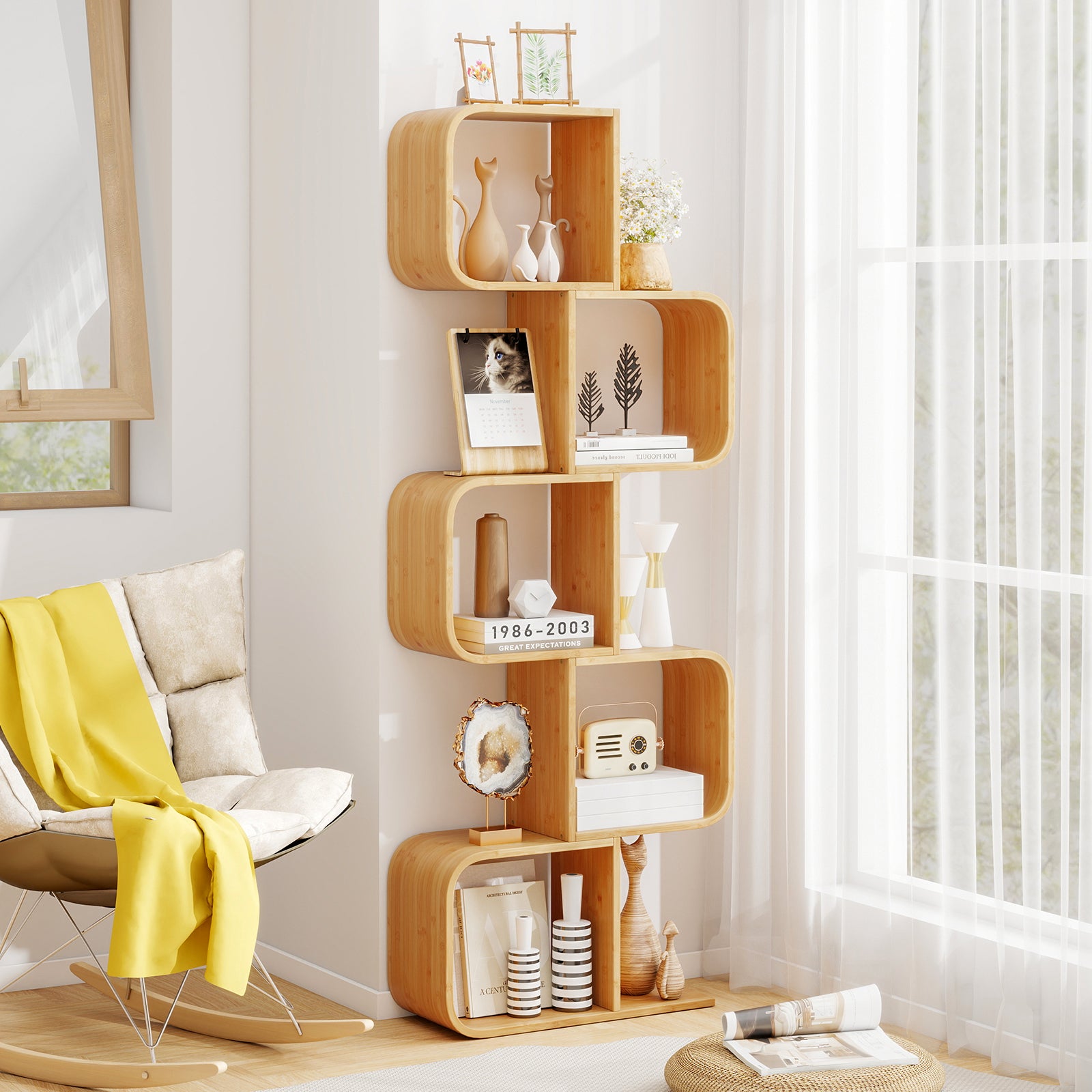 2/3/4/5-Tier S-Shaped Bookcase Bamboo Bookshelf with Open Cubes-5-Tier