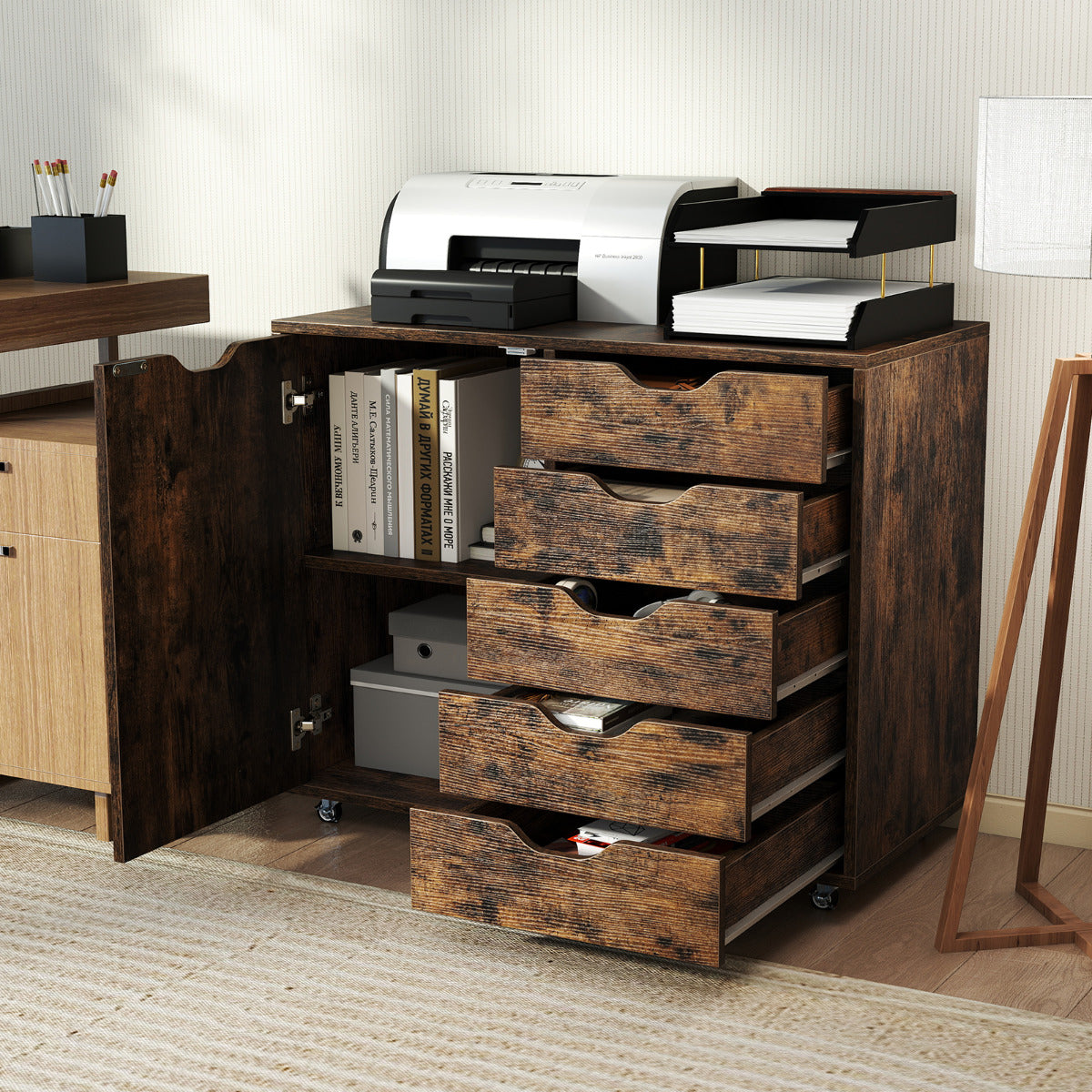5-Drawer Chest with Door and Adjustable Shelf-Rustic Brown