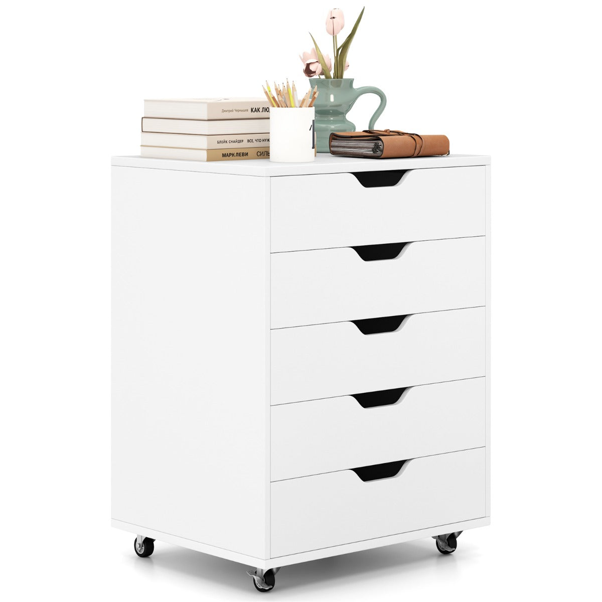 5 Drawer Chest with Lockable Wheels for Home Office-White