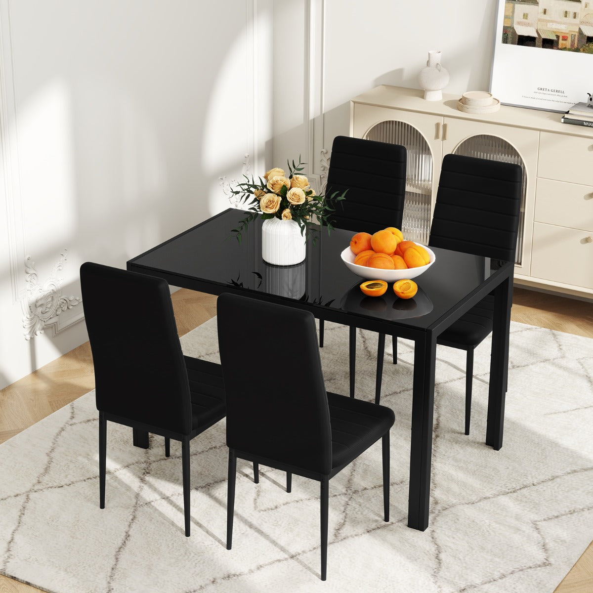 5 Piece Dining Table Set with Glass Tabletop and Metal Legs for Dining Room-Black