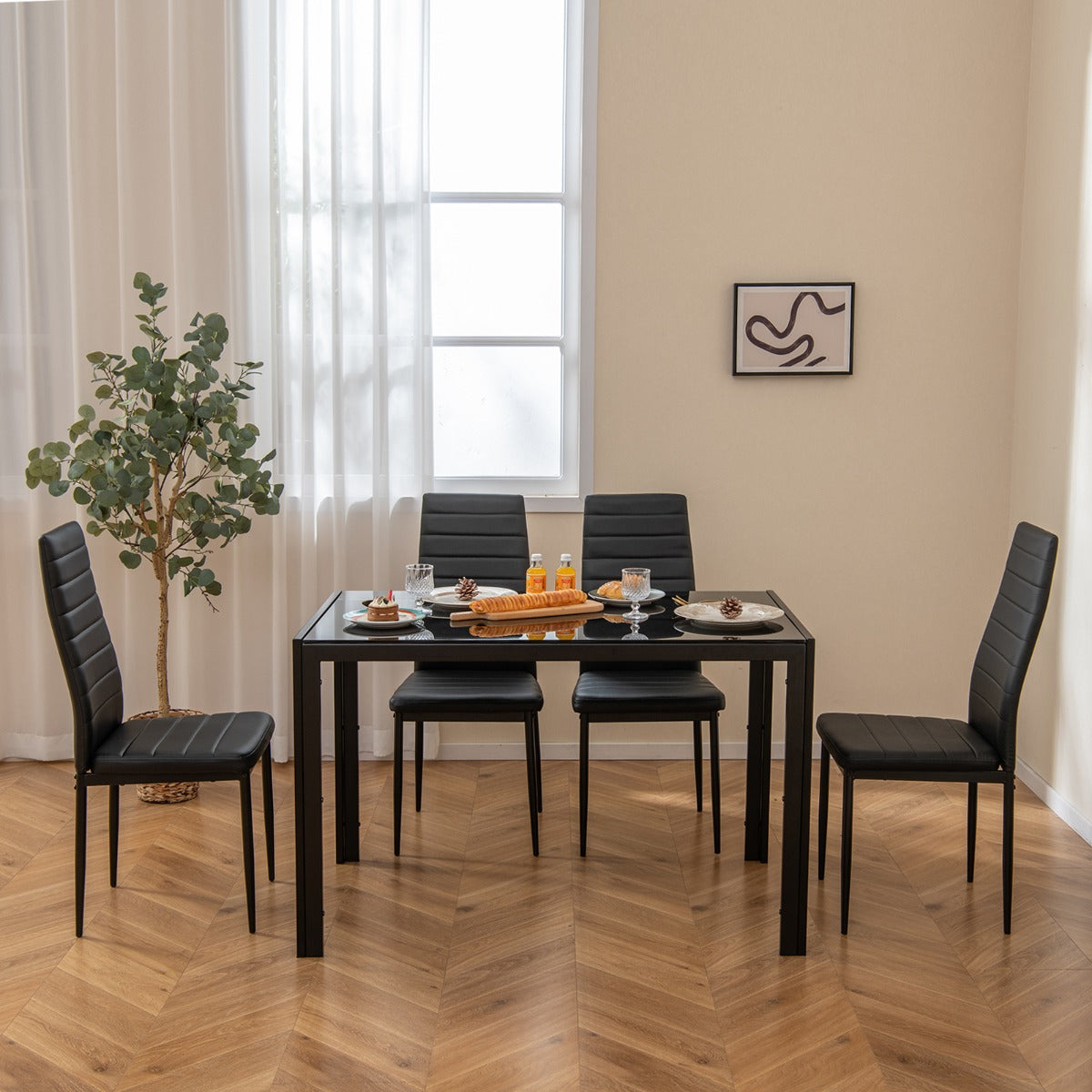 5 Piece Dining Table Set with Glass Tabletop and Metal Legs for Dining Room-Black