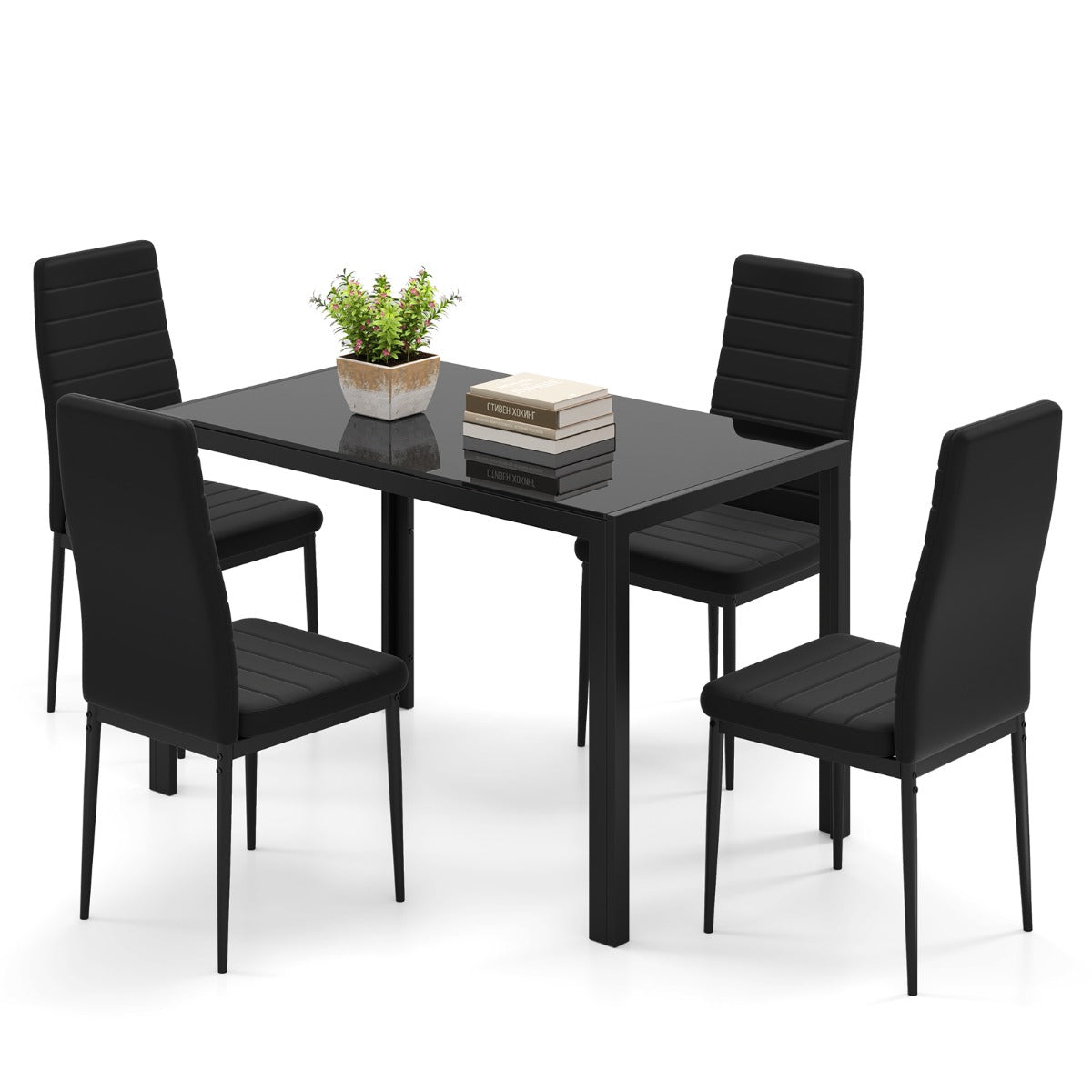 5 Piece Dining Table Set with Glass Tabletop and Metal Legs for Dining Room-Black