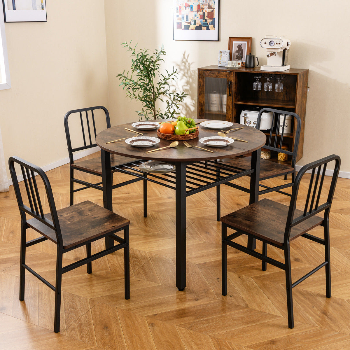 5 Piece Dining Table Set with Storage Rack for Dining Room-Coffee