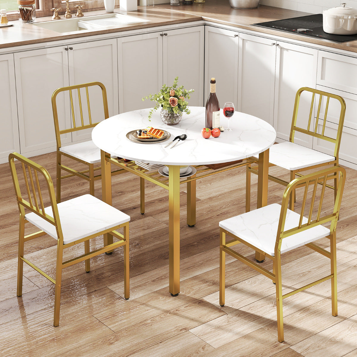 5 Piece Dining Table Set with Storage Rack for Dining Room-White