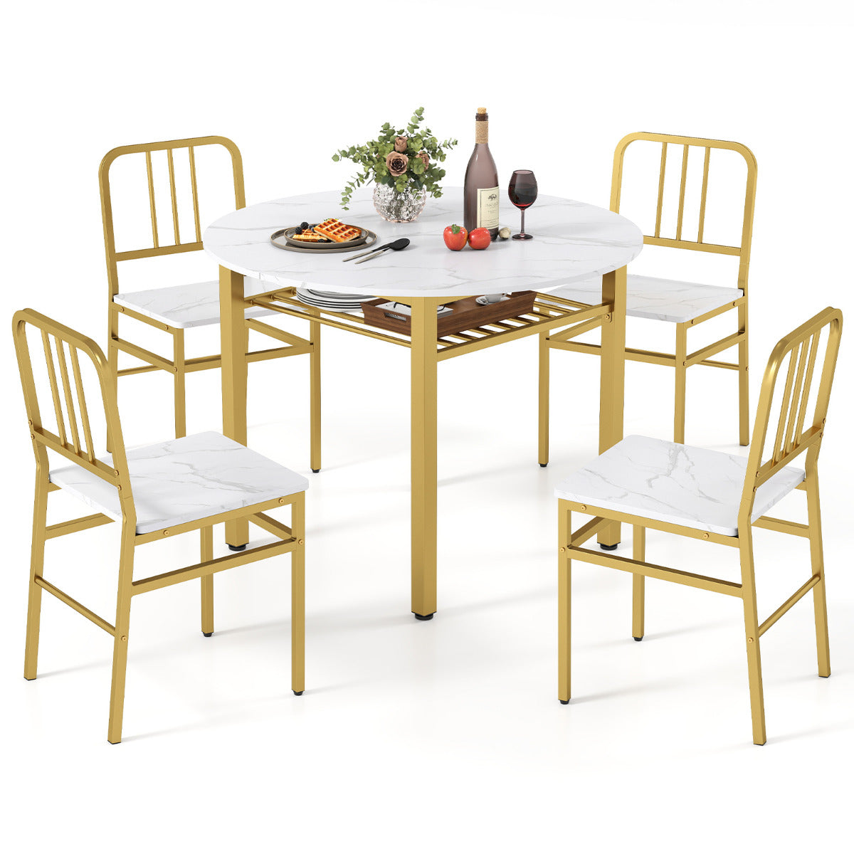 5 Piece Dining Table Set with Storage Rack for Dining Room-White