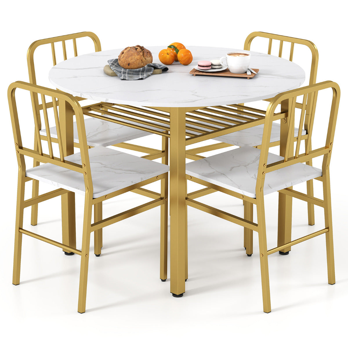 5 Piece Dining Table Set with Storage Rack for Dining Room-White