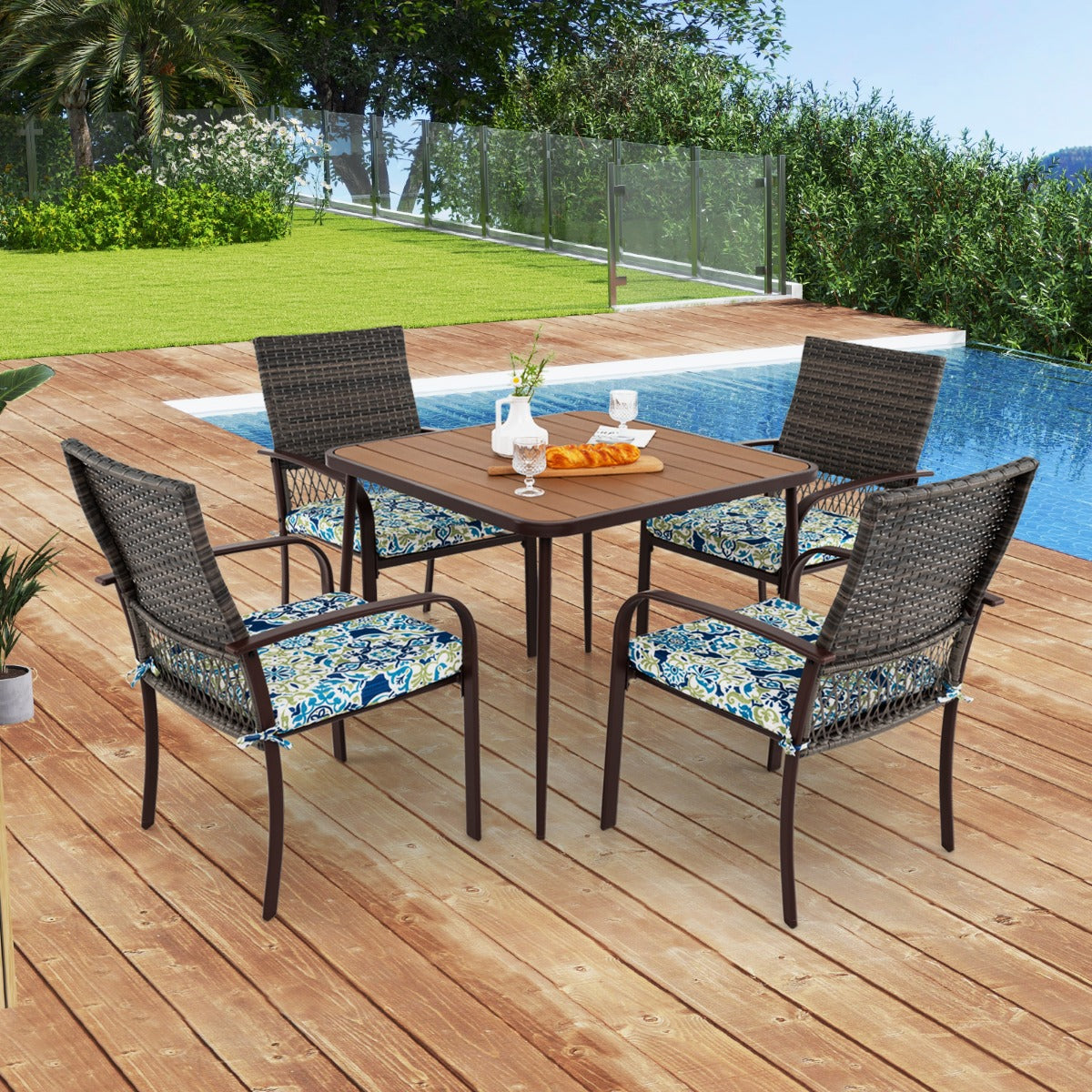 5 Pieces Patio Dining Set with 4 Cushioned Rattan Armchairs and Square Table