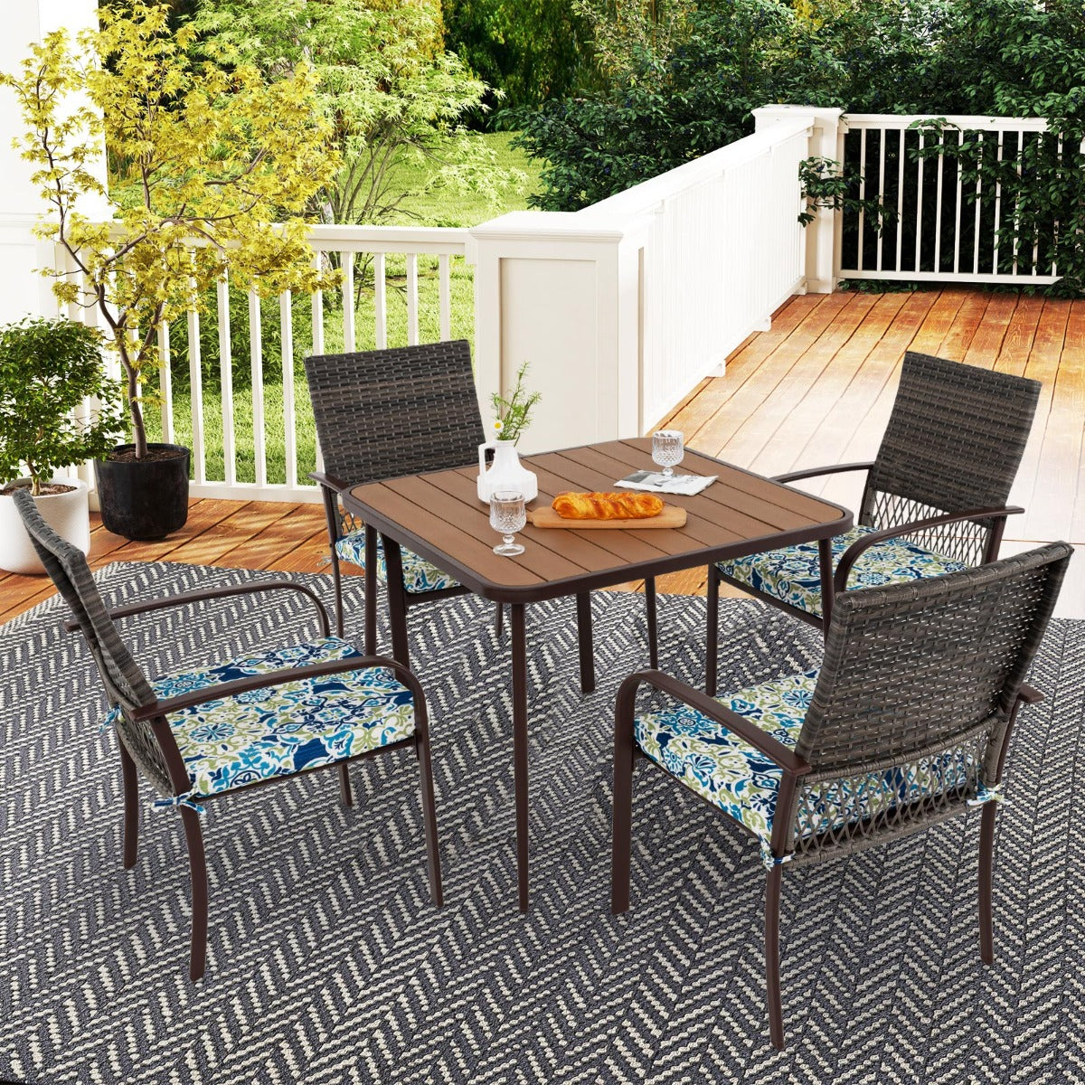 5 Pieces Patio Dining Set with 4 Cushioned Rattan Armchairs and Square Table