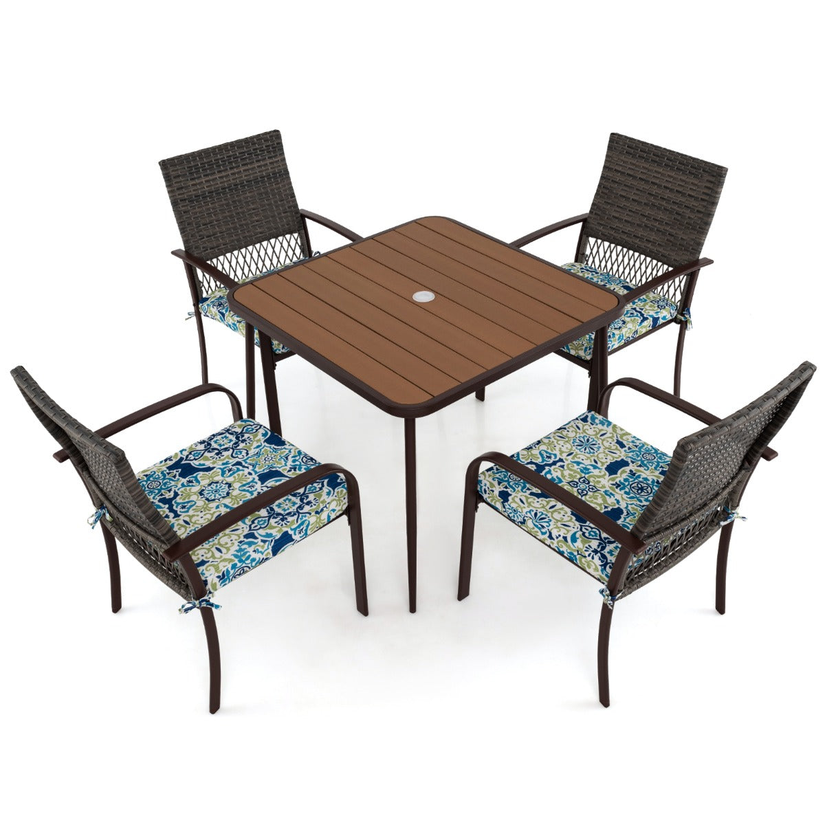 5 Pieces Patio Dining Set with 4 Cushioned Rattan Armchairs and Square Table