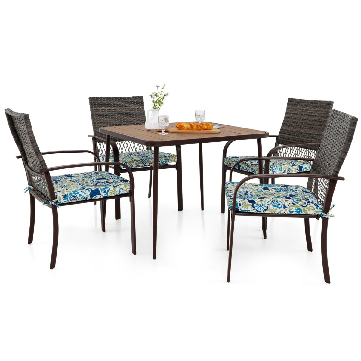 5 Pieces Patio Dining Set with 4 Cushioned Rattan Armchairs and Square Table