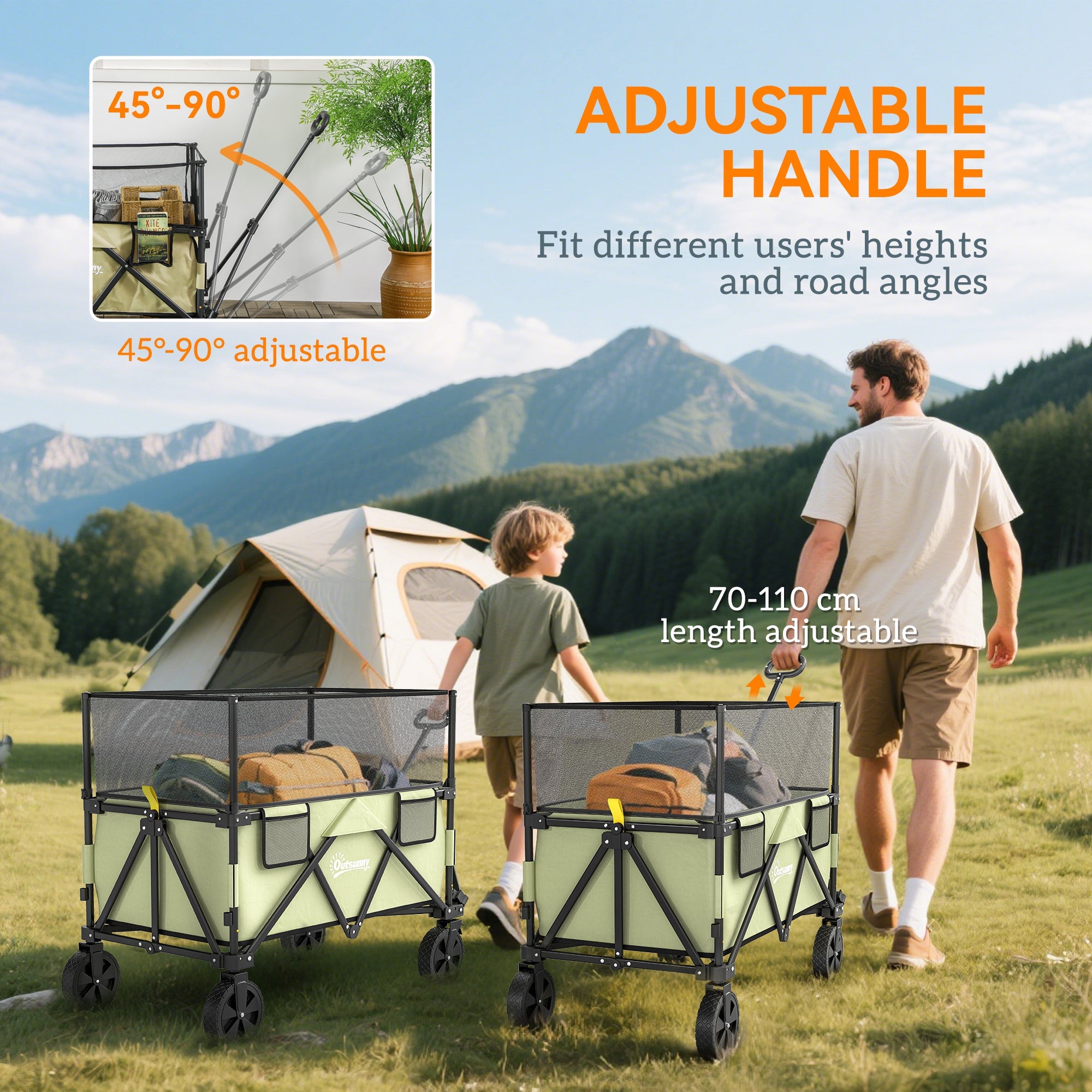 Outsunny Folding Garden Trolley, 180L Wagon Cart with Extendable Side Walls, for Beach, Camping, Festival, Green