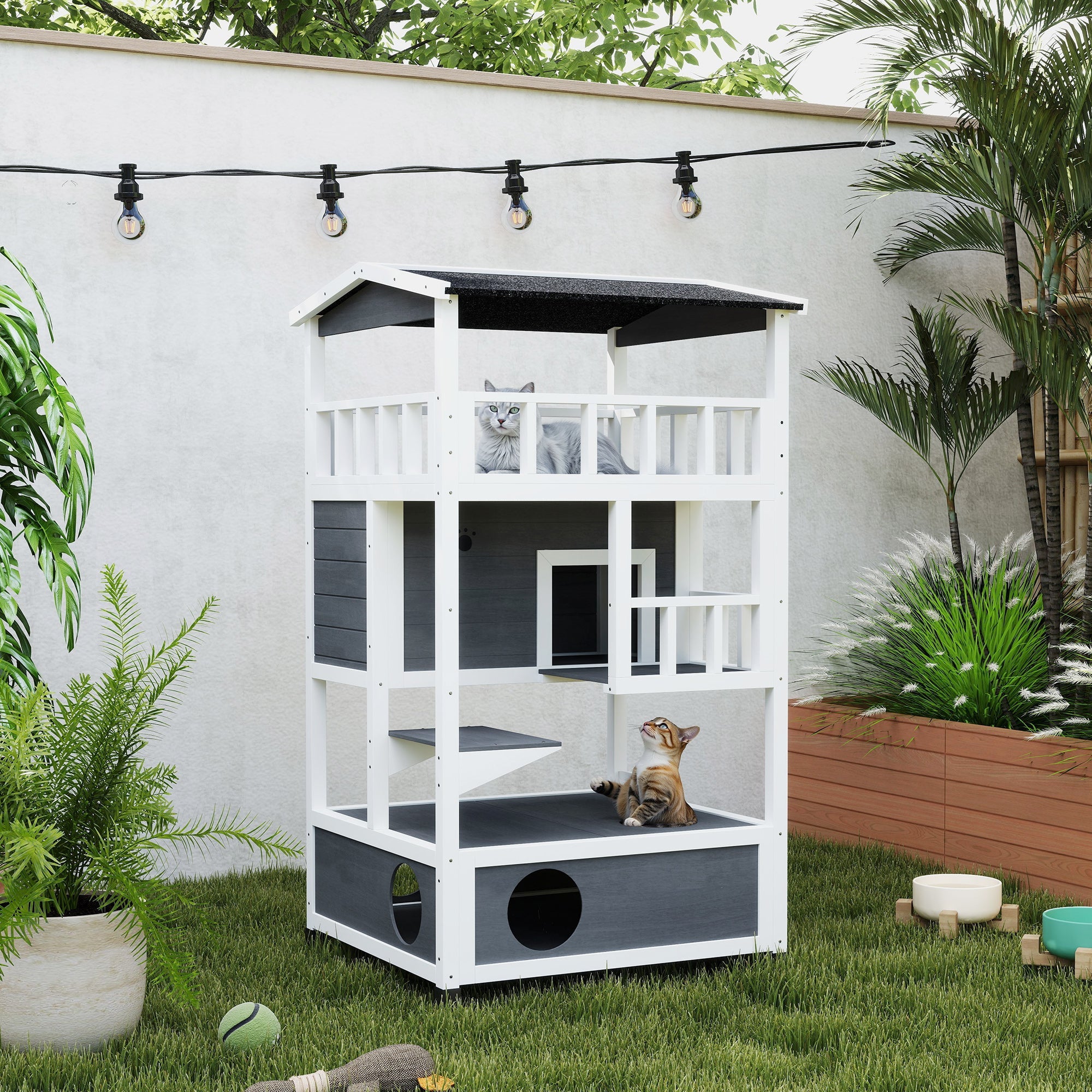 PawHut Wooden Outdoor Cat House, 3-Tier Cat Shelter with Tilted Roof, Terrace, Jump Step, Bottom Tray and Elevated Base, Waterproof Paint, Grey