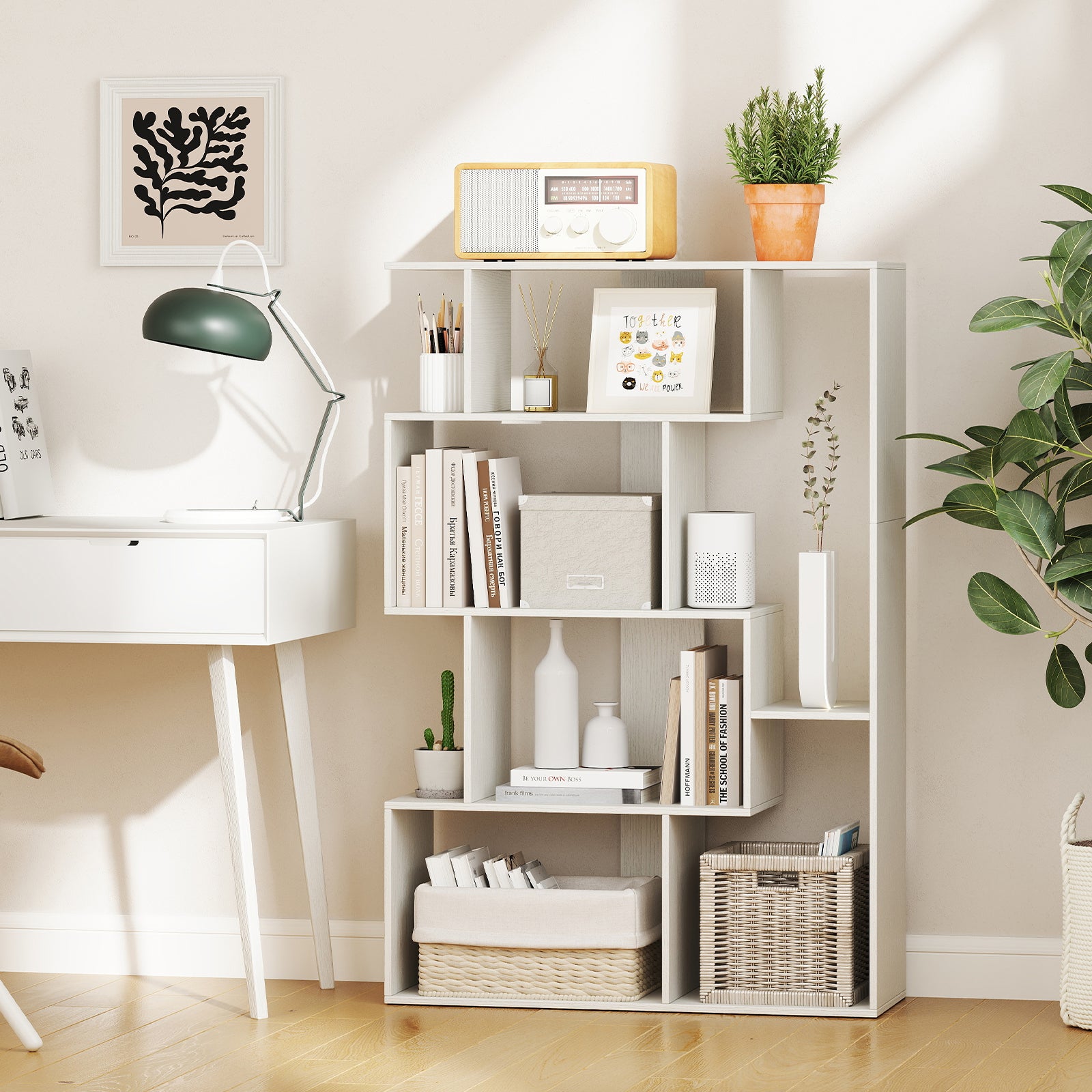 6-Cube Open-back Geometric Bookshelf with Anti-tip Kits-White