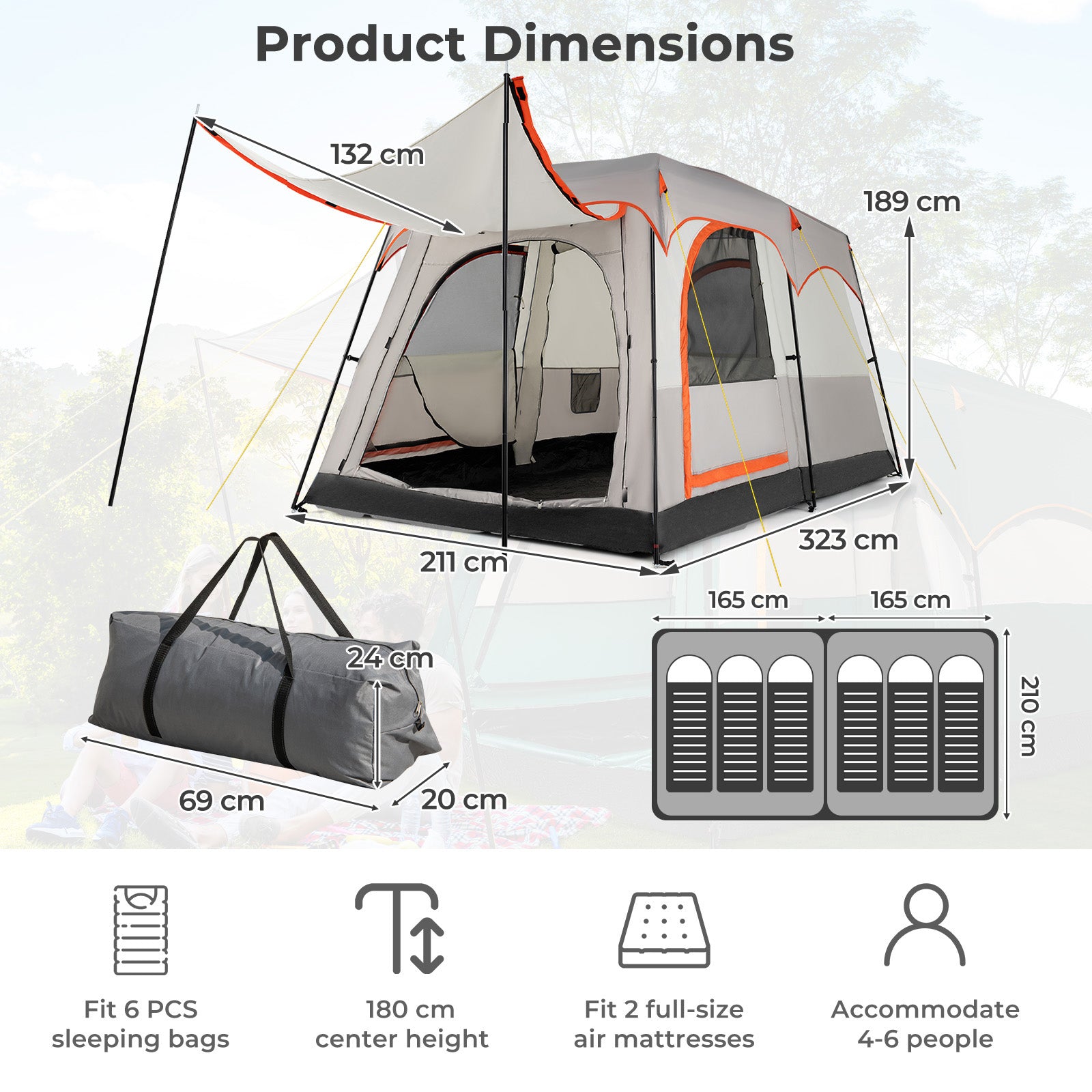 6-Person Camping Tent with 2-Room Divider for Camping Hiking color-Grey