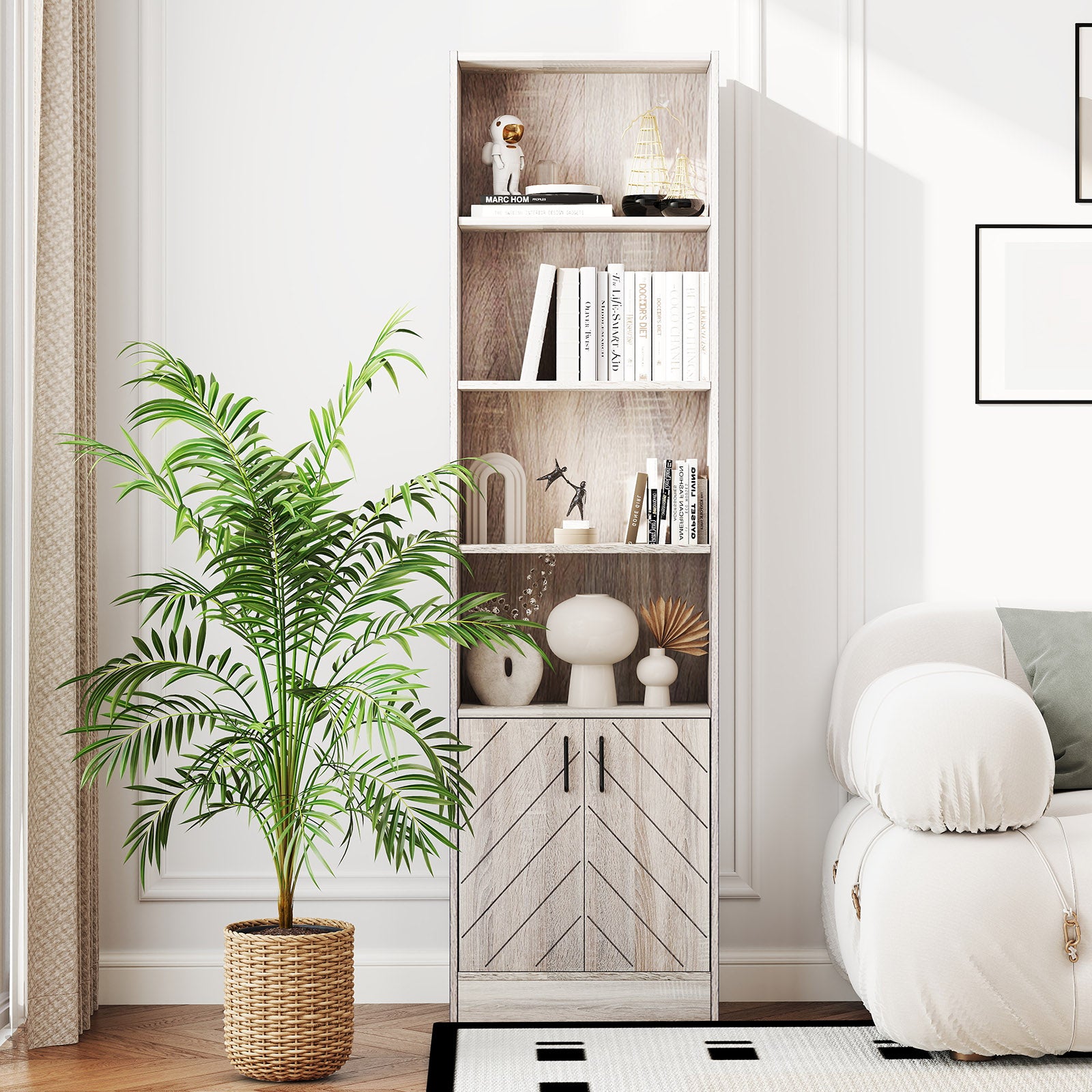 6-Tier 180cm Tall Bookshelf with Double Doors Open Cubes-Grey