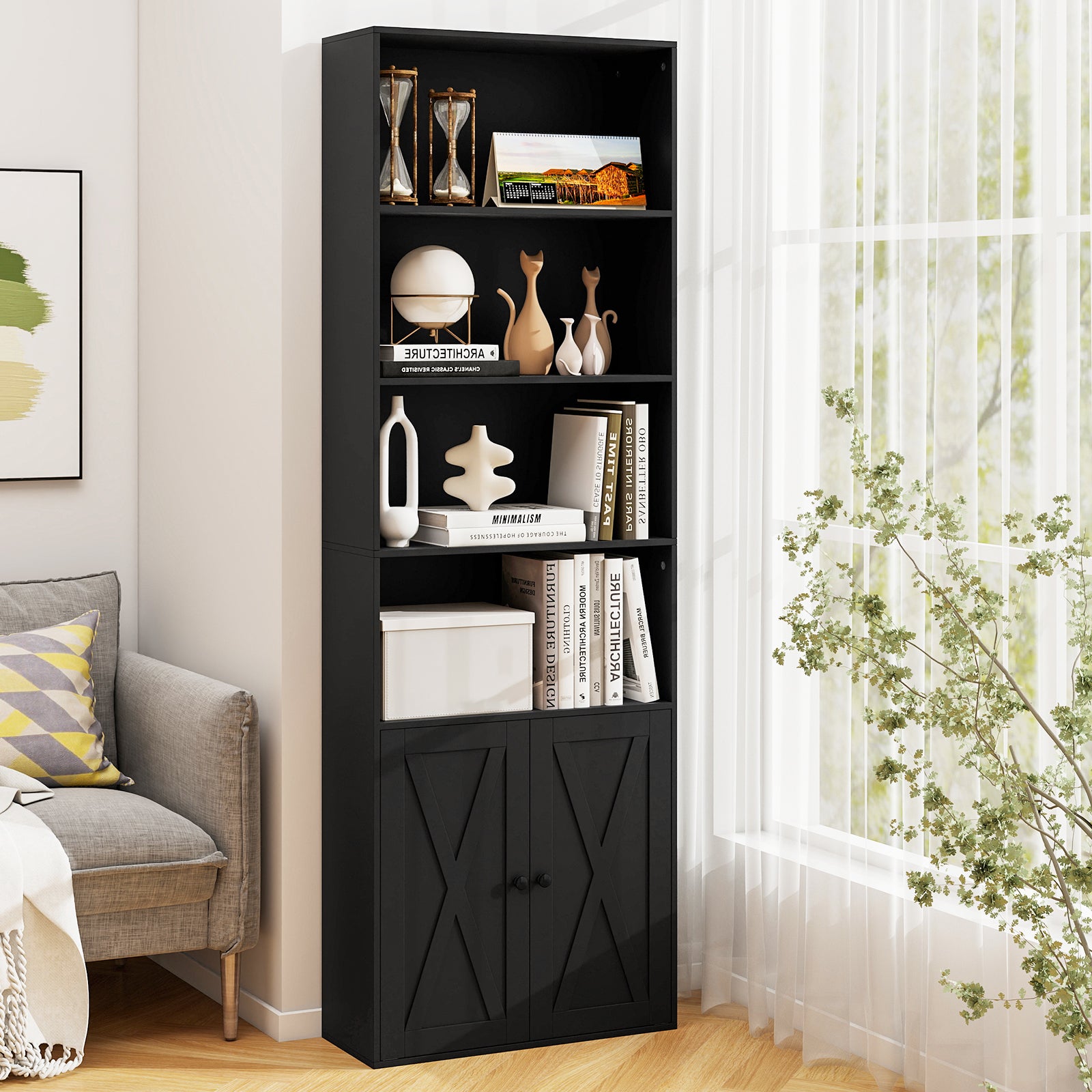 6-Tier Freestanding Bookcase with Farmhouse Style Cabinet Doors-Black