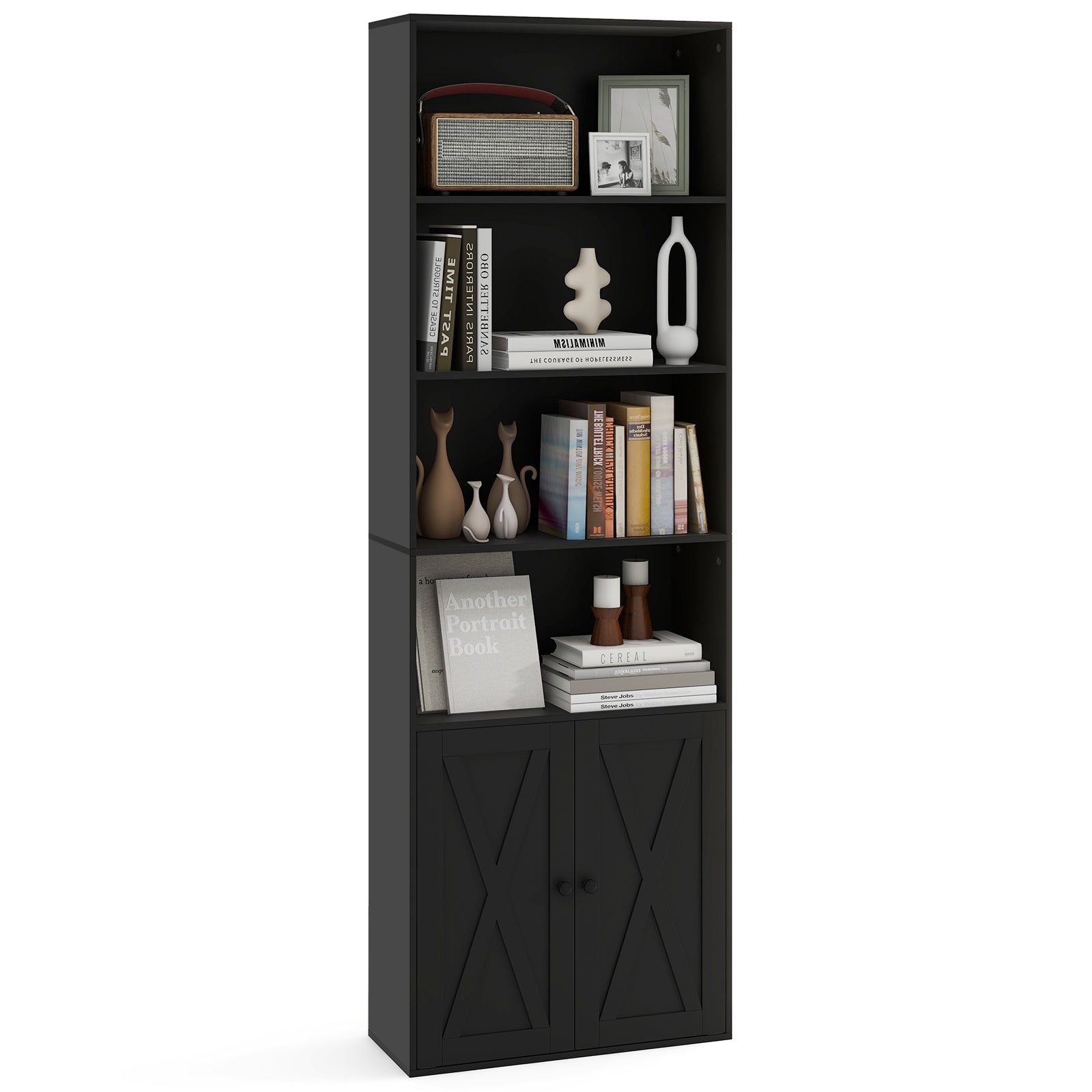 6-Tier Freestanding Bookcase with Farmhouse Style Cabinet Doors-Black