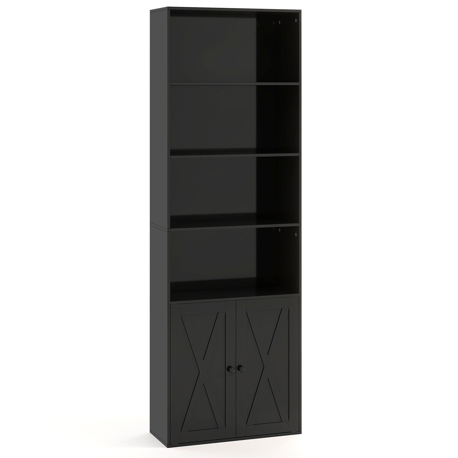 6-Tier Freestanding Bookcase with Farmhouse Style Cabinet Doors-Black