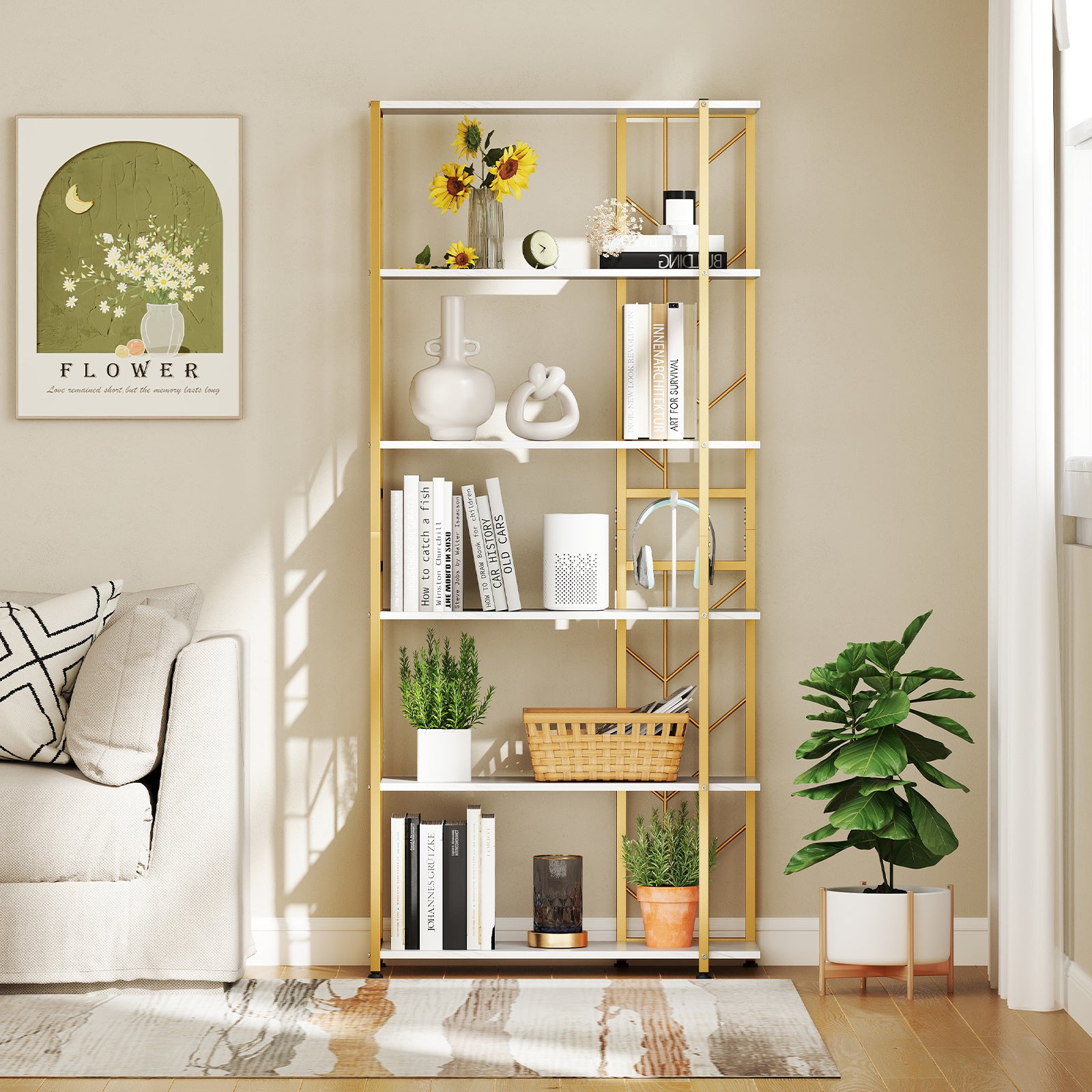 6-Tier Modern Geometric Bookcase with Heavy-duty Metal Frame for Study-White