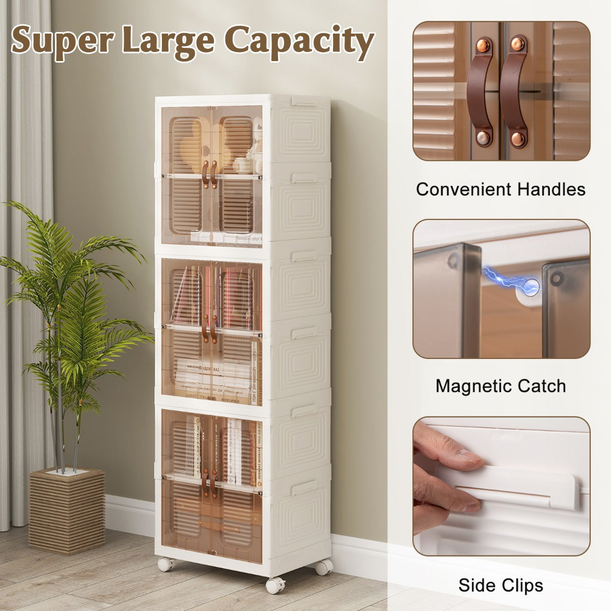 6-Cube Stackable Storage Bins with Lockable Wheels for for Kitchen Living Room Bedroom-White