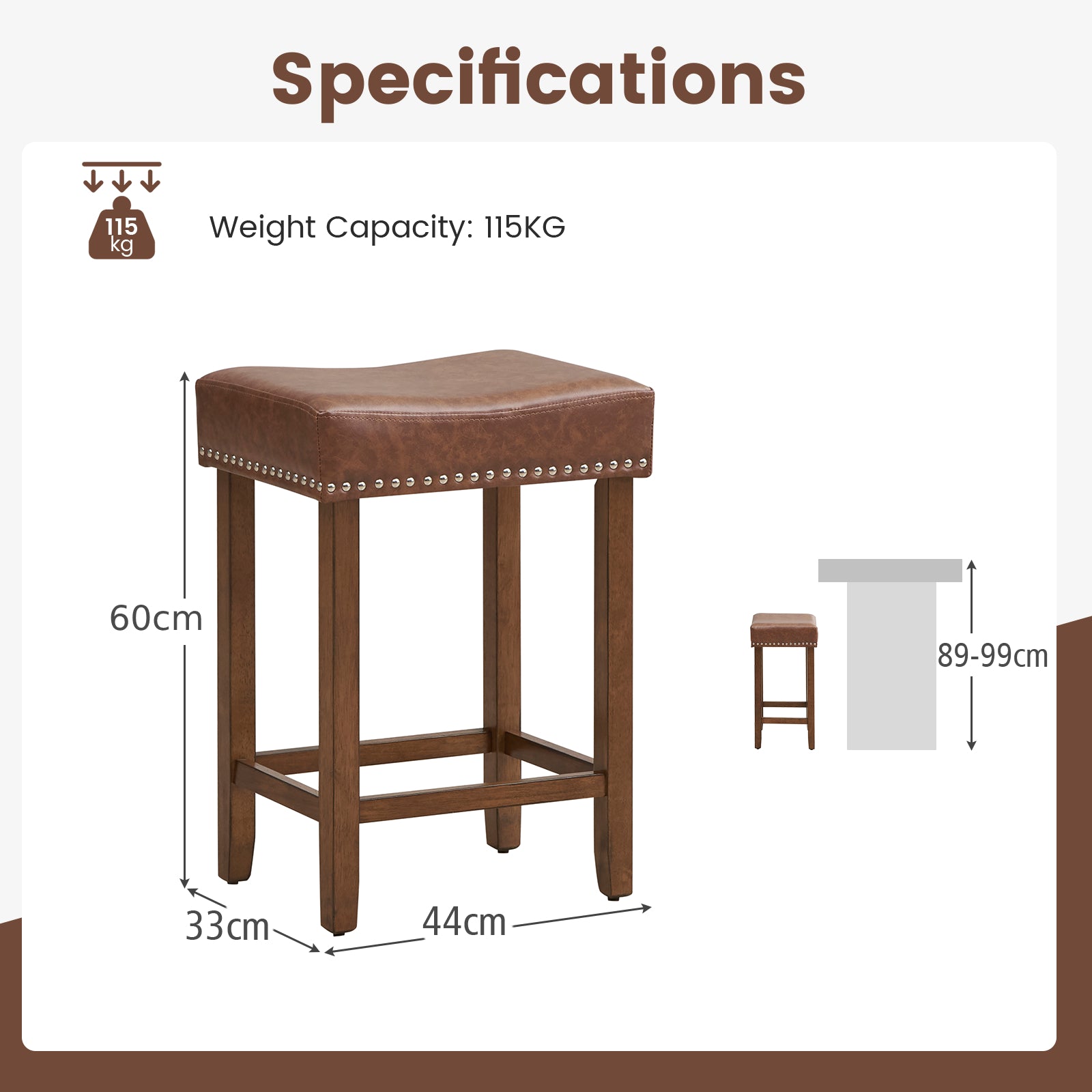 60cm Bar Stool Set of 2 Counter Height Saddle Stools-Brown